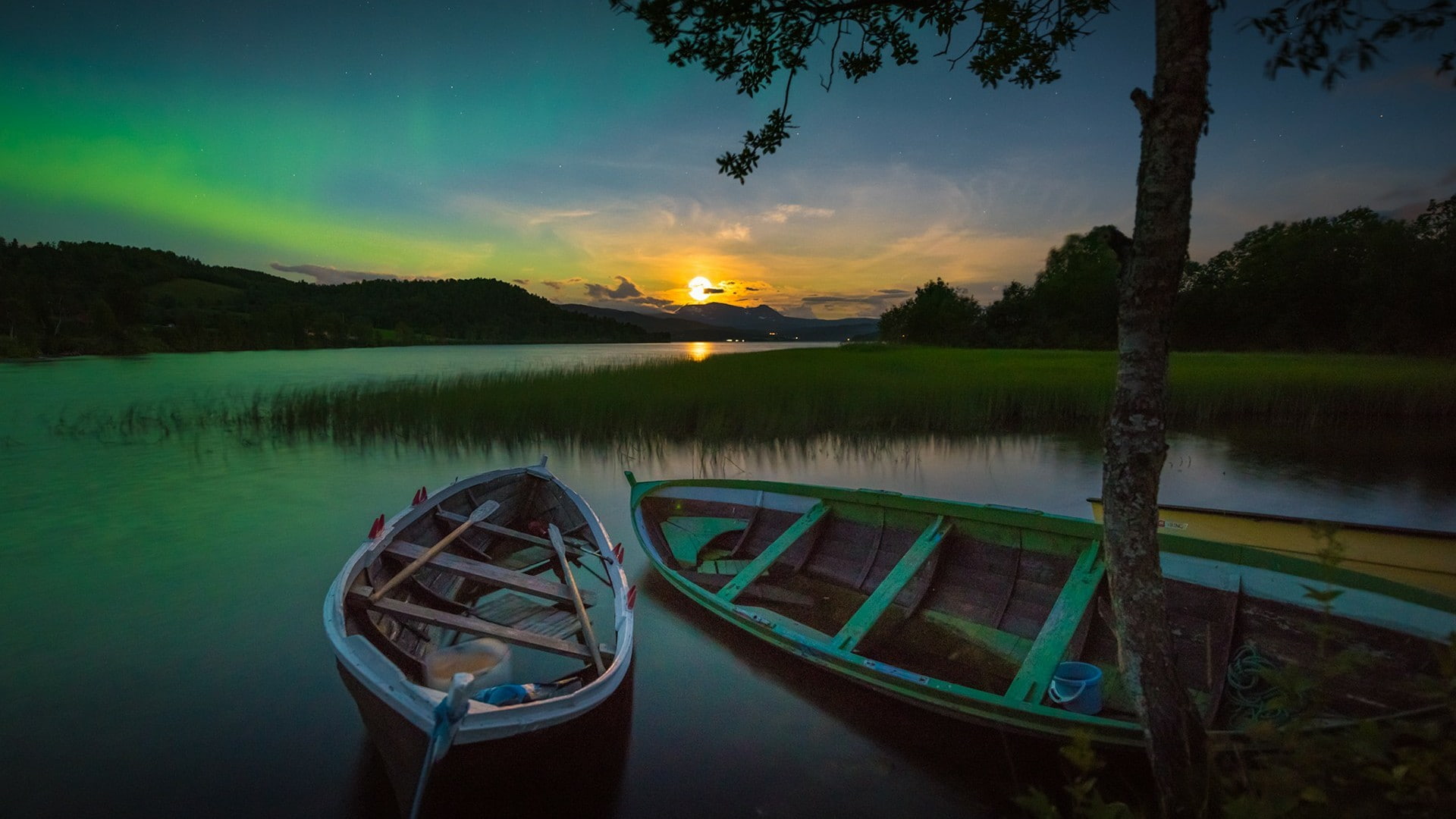 nature, cloud, boat, evening, boats, reflection, tree, 1080P, water, river, dusk, plant, sky, lake, aurora borealis, atmosphere, landscape, wetland, sunset, HD Wallpaper