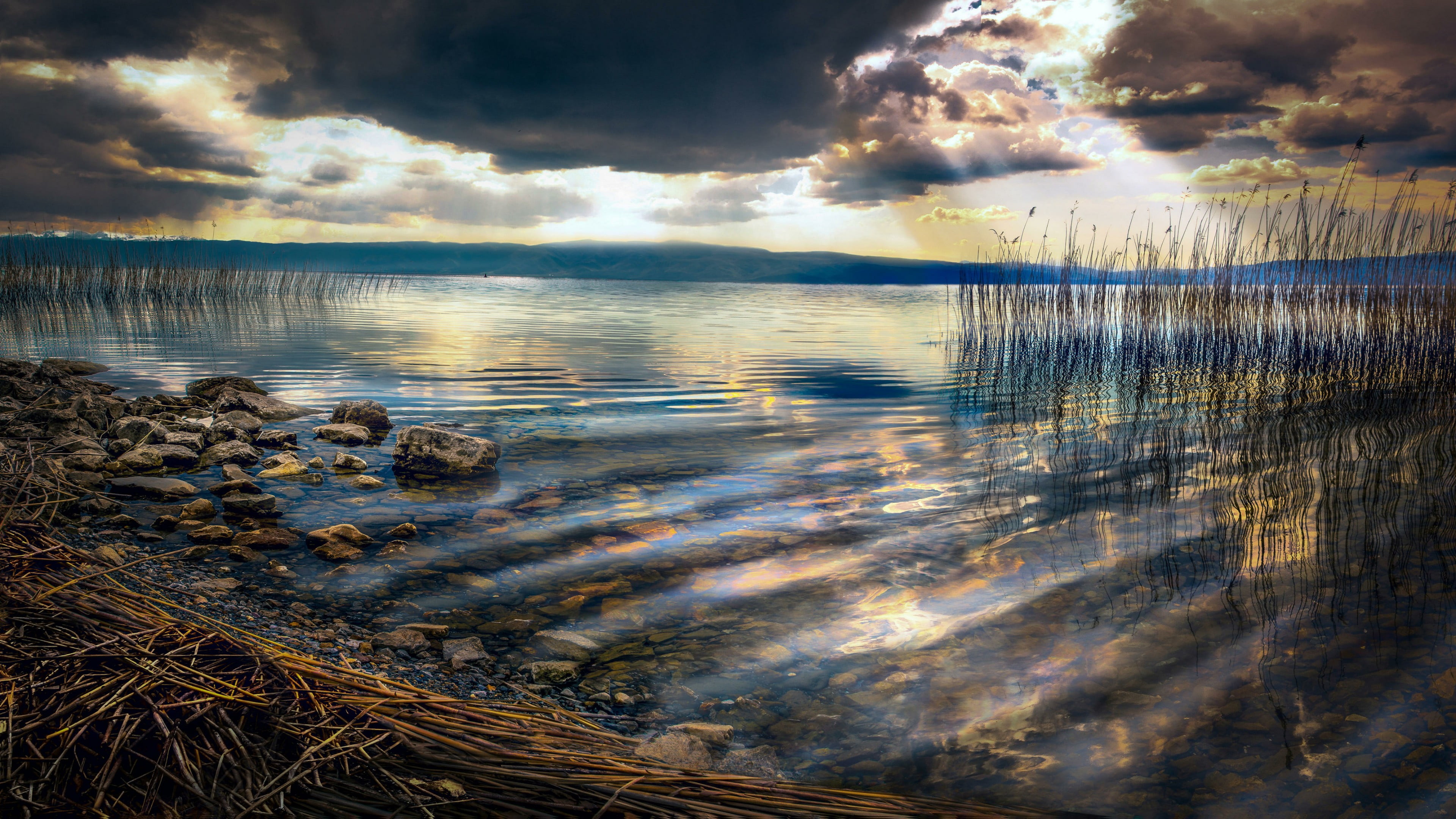 albania, beach, 4K, reed, shore, non-urban scene, horizon, cloud - sky, scenics - nature, tranquil scene, land, lake ohrid, ohrid lake, sunlight, nature, HD Wallpaper