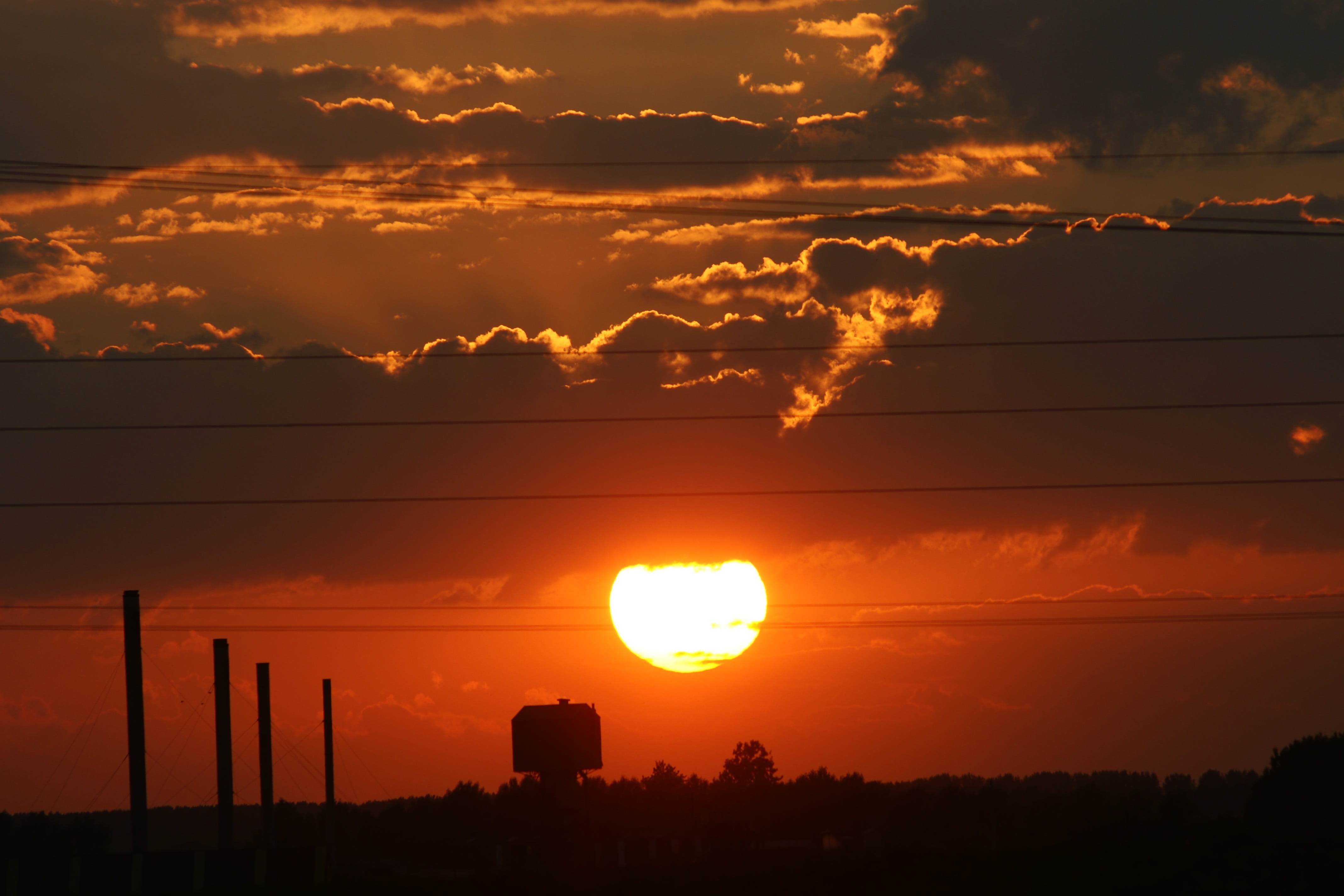 factory, romantic sky, sunlight, 4K, dusk, silhouette, building, outdoors, sunshine, sunrise, summer, big sun, orange color, dawn, landscape, dramatic sky, HD Wallpaper
