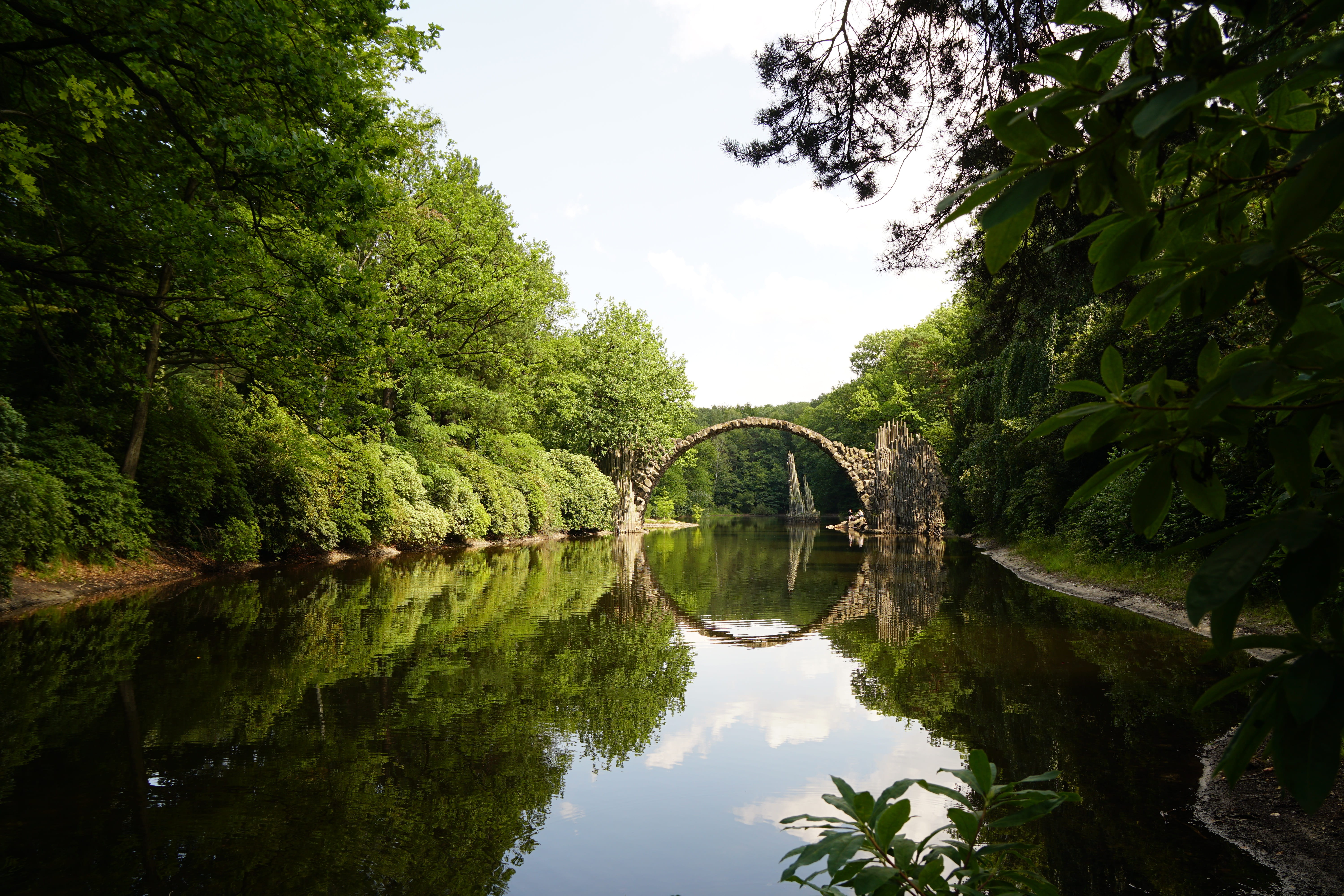 mood, built structure, in the green, rakotzbrücke, germany, mirroring, magic, architecture, arch bridge, sky, landscape, pond, nature, water, green, green color, HD Wallpaper