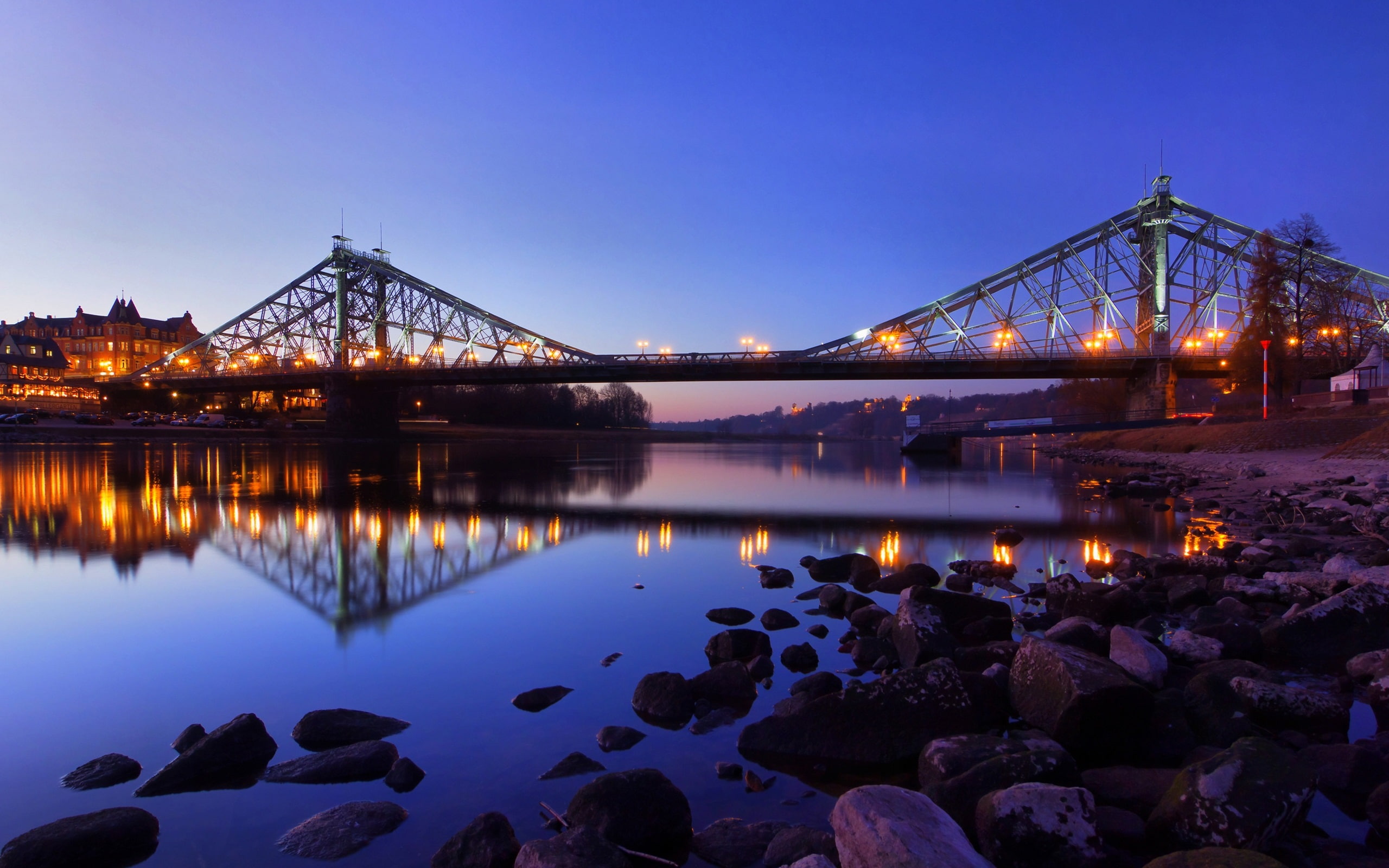 metal, Night, full, Bridge, Stones, River, 2K, Illumination, gray, suspension, HD Wallpaper