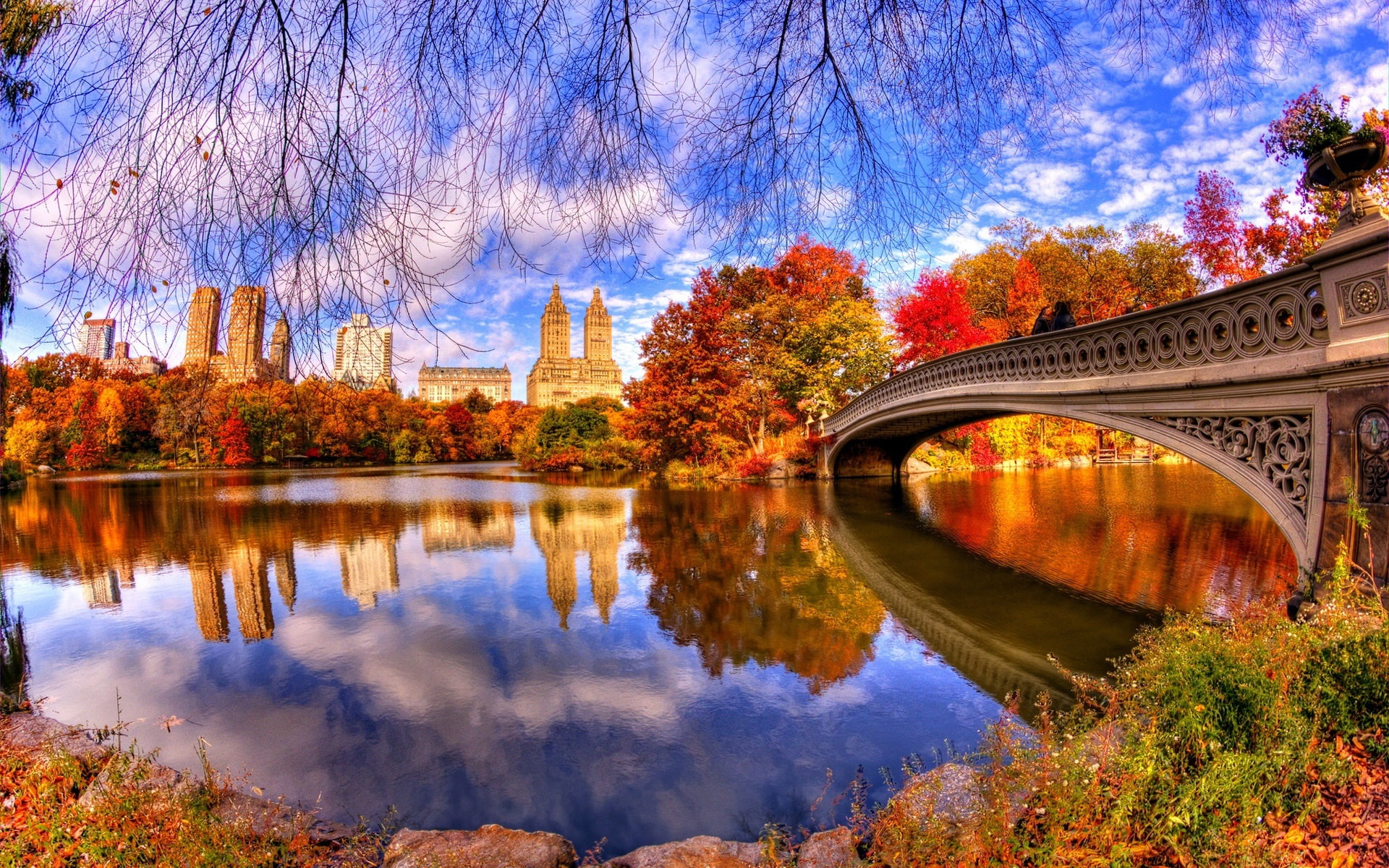 Park, Reflection, Trees, Central, Nature, gray, Autumn, Bridge, hd, Water, 1080P, HD Wallpaper