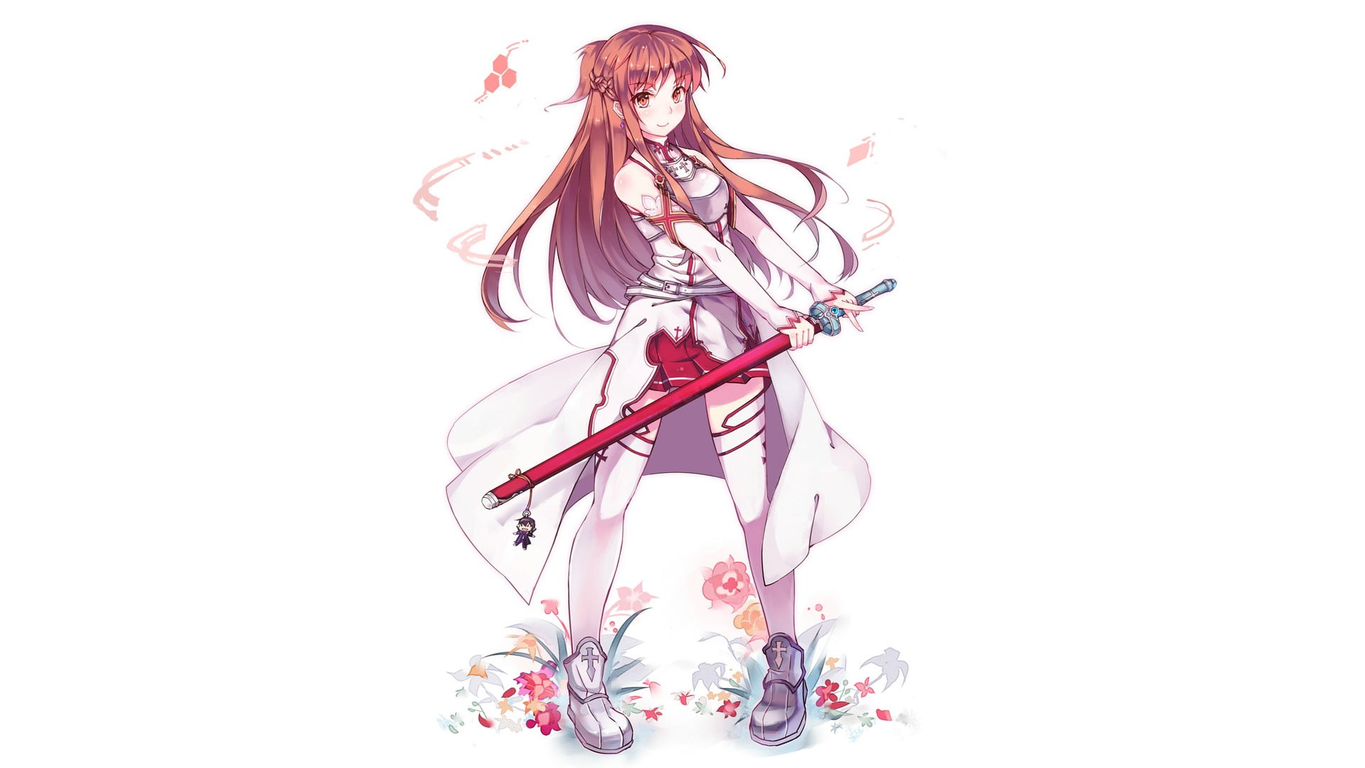 lifestyles, white background, 1080P, flower, Yuuki Asuna, purple, white, standing, studio shot, Sword Art Online, anime girls, clothing, hair, hairstyle, HD Wallpaper