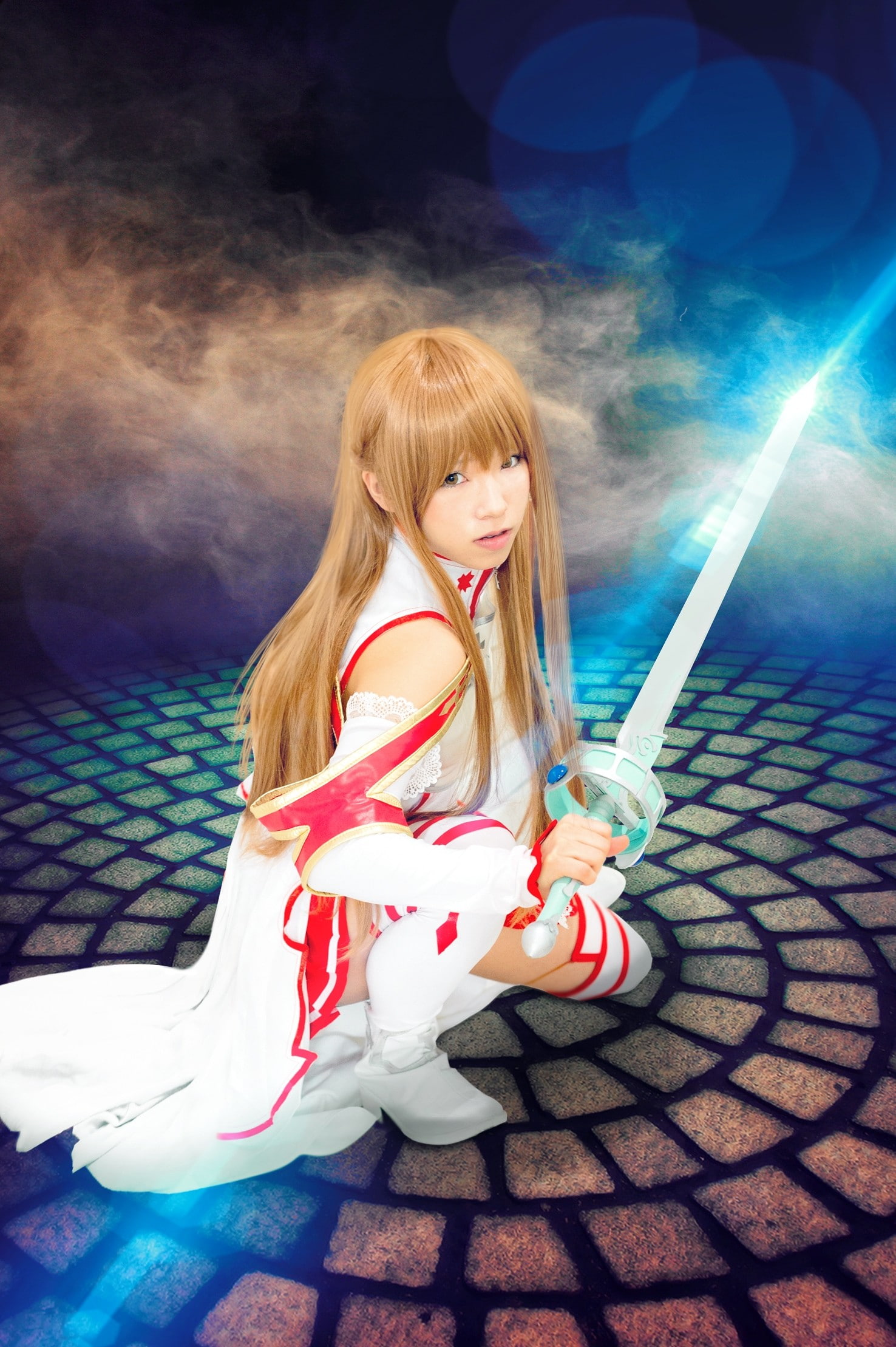 thigh-highs, sitting, women, brown eyes, 1080P, cosplay, sword, Sword Art Online, Asian, blonde, long hair, Yuuki Asuna, Phone HD Wallpaper