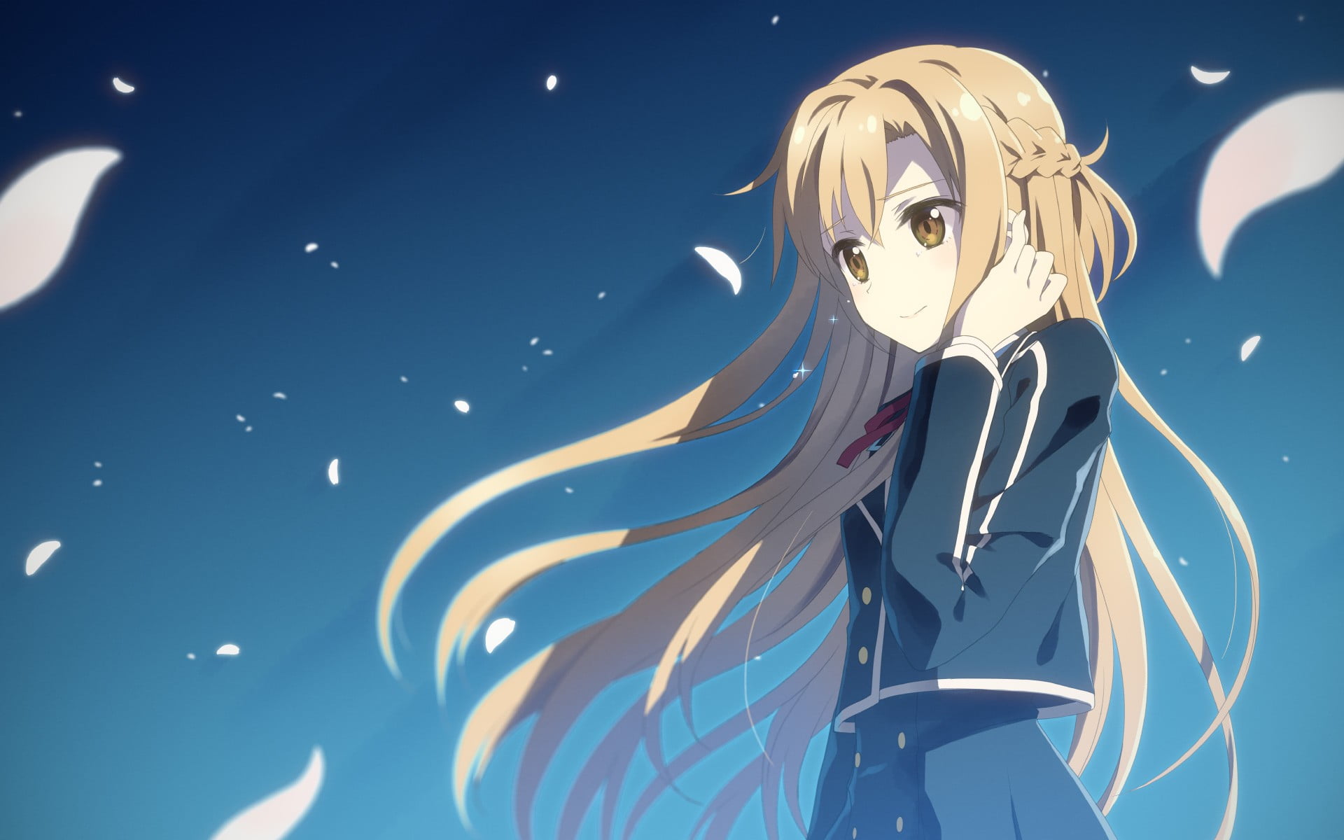 anime, art and craft, anime girls, bangs, reflection, Sword Art Online, studio shot, character, skirt, wearing, nature, white, blue background, HD Wallpaper