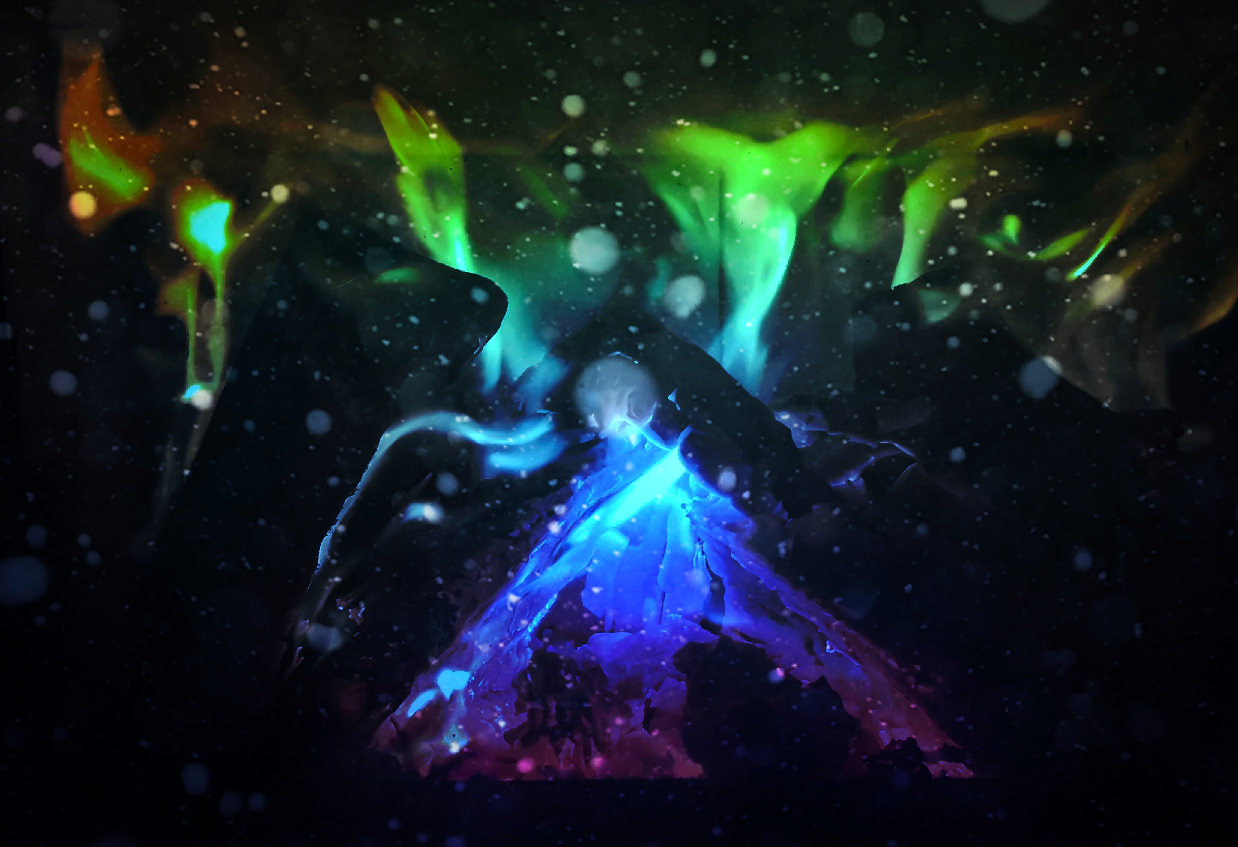 backgrounds, 4K, bonfire, part, colourful, Cold, fire - Natural Phenomenon, colorful, mystery, campfire, close-up, green color, night, studio shot, water, HD Wallpaper