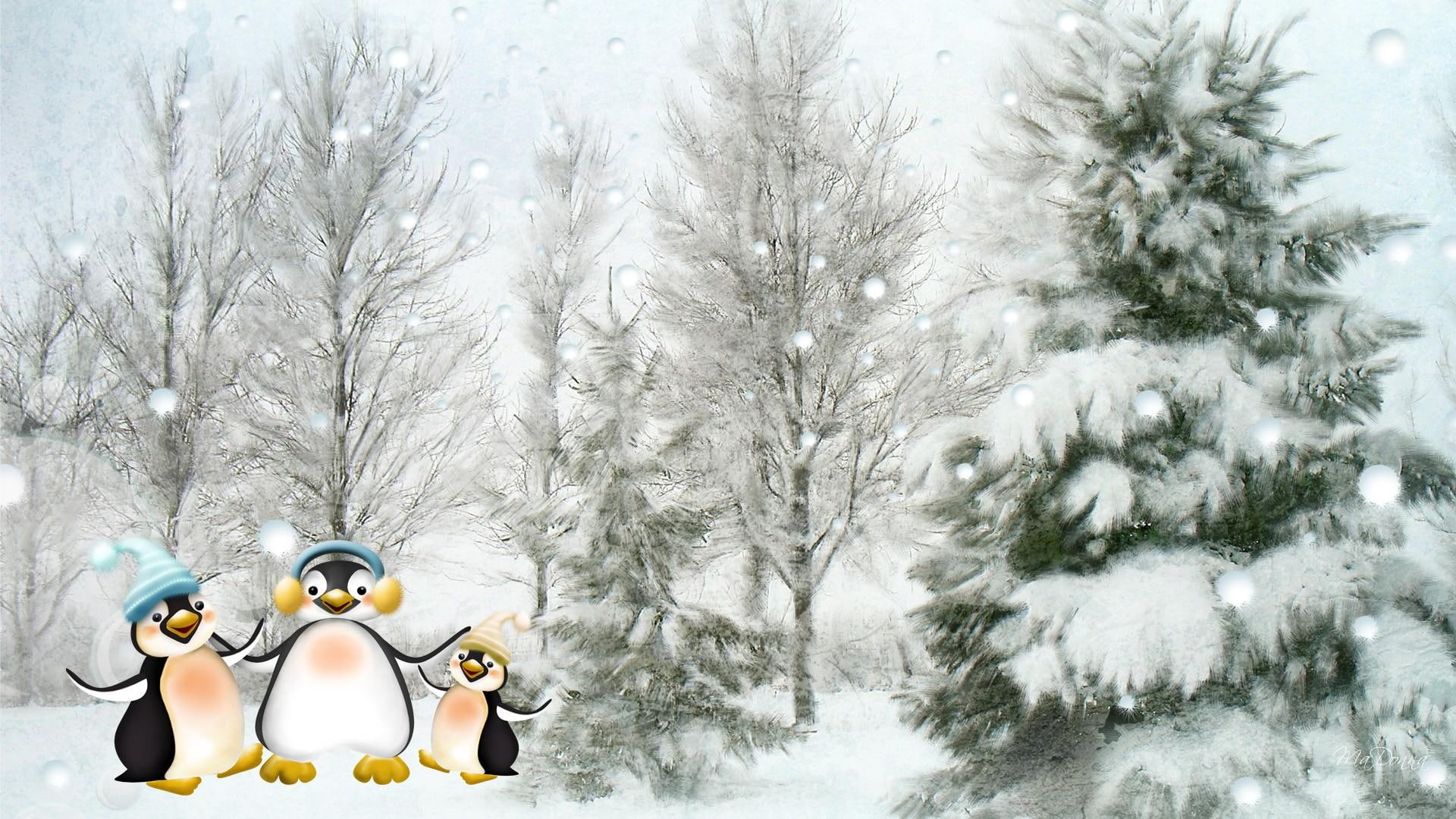 trees, firefox persona, 1080P, whimsical, christmas, winter, covered, 3d and abstra, happy, cold, snow, forest, cute, penguins, tree, HD Wallpaper