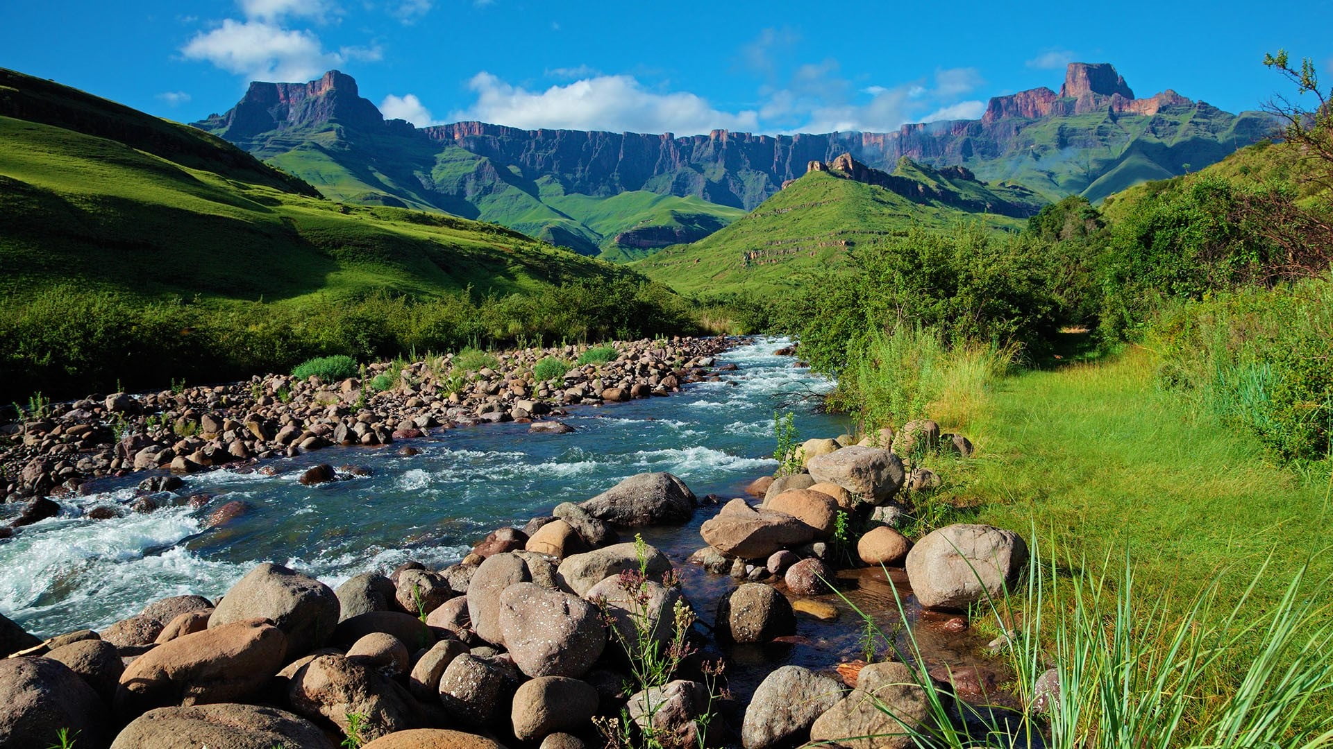 rocks, landscape, South Africa, sky, Royal Natal National Park, 1080P, clouds, grass, spring, nature, mountains, water, plants, HD Wallpaper
