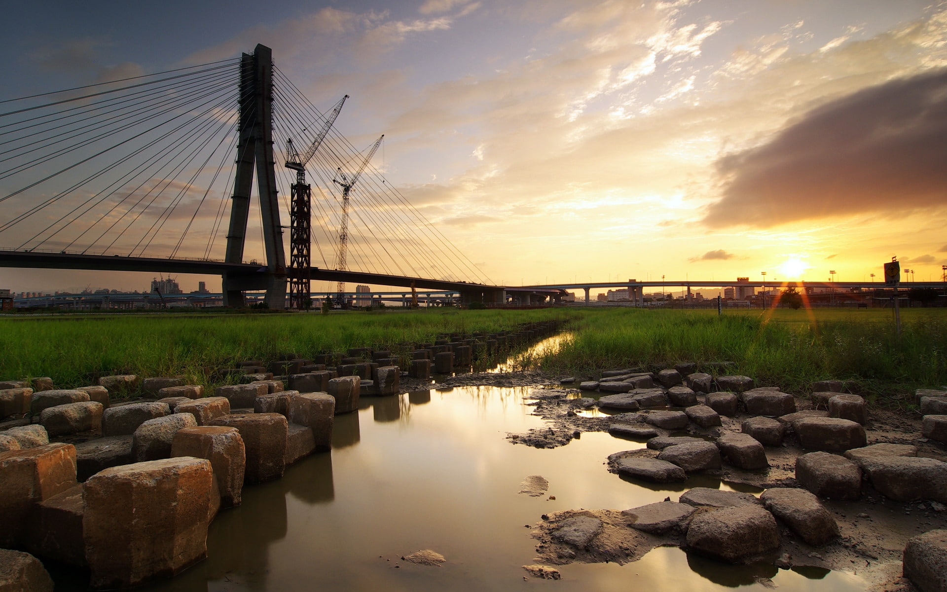 unfinished, bridge, rocks, water, 1080P, stones, HD Wallpaper