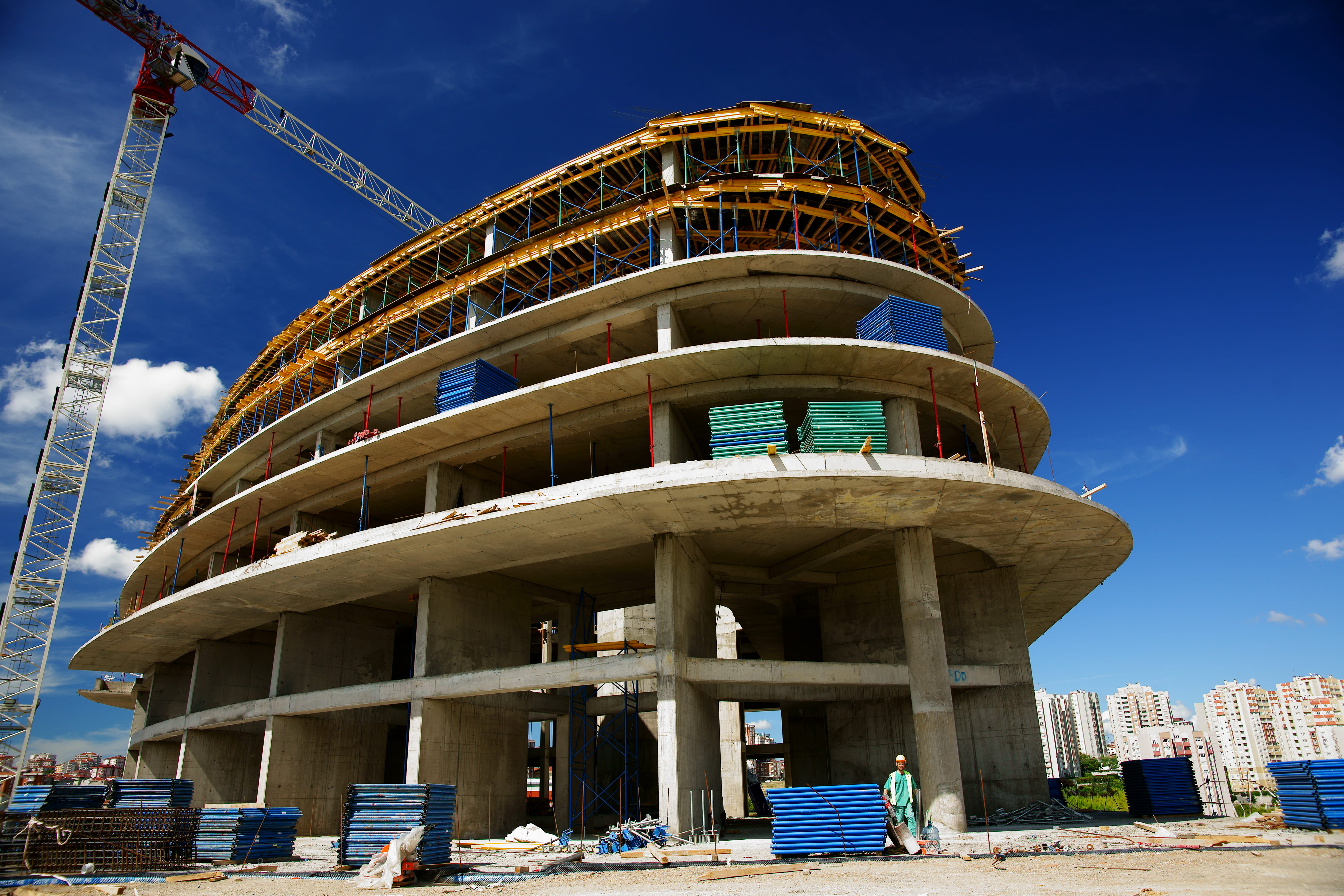 skyscraper, 5K, steel and concrete structure, construction site, edifice, outdoors, low angle shot, materials, building exterior, architecture, cityscape, HD Wallpaper