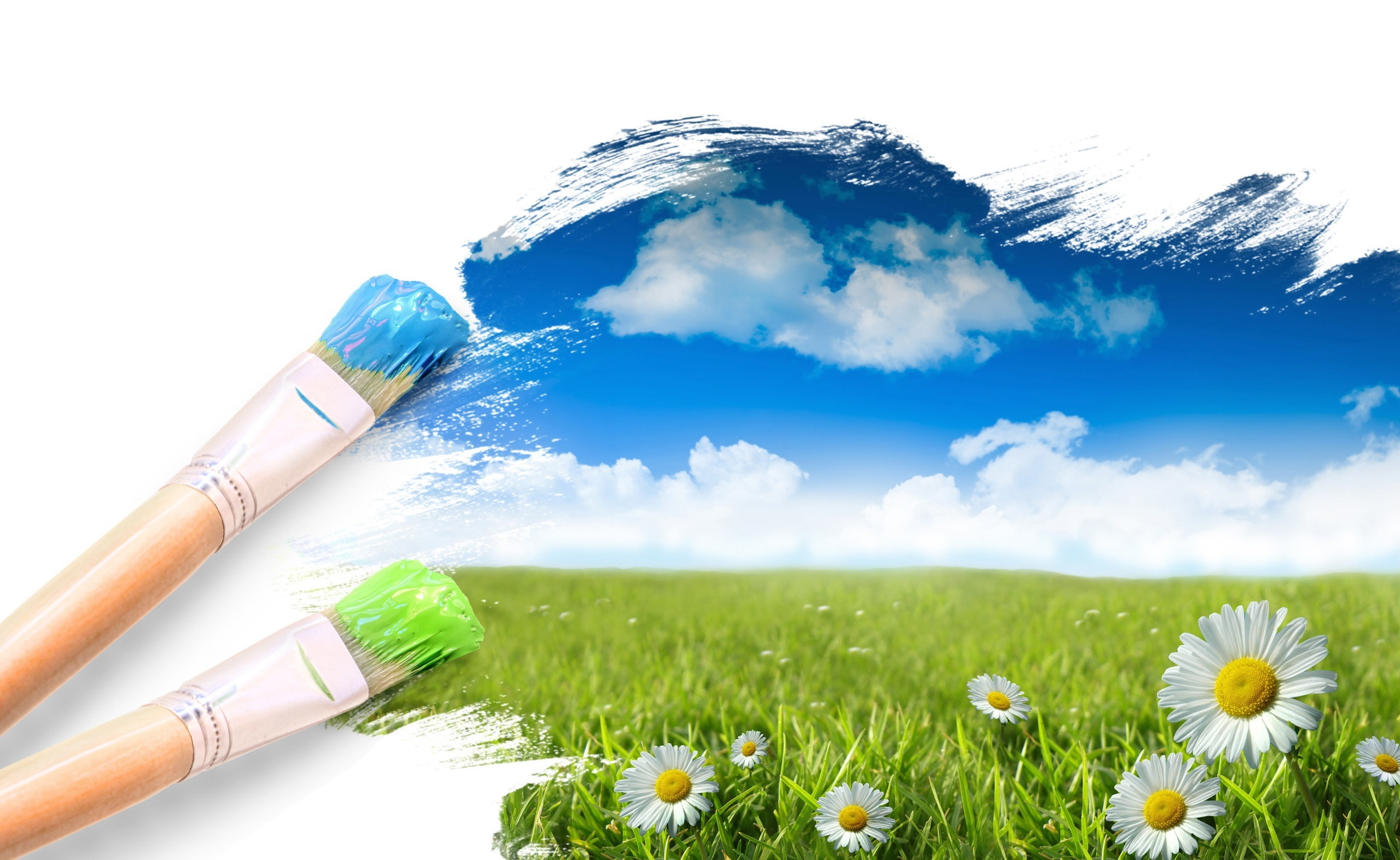 green color, flower, brush, sky, freshness, flower head, grass, plant, flowers, day, cloud - sky, unfinished, Painting, flowering plant, no people, HD Wallpaper