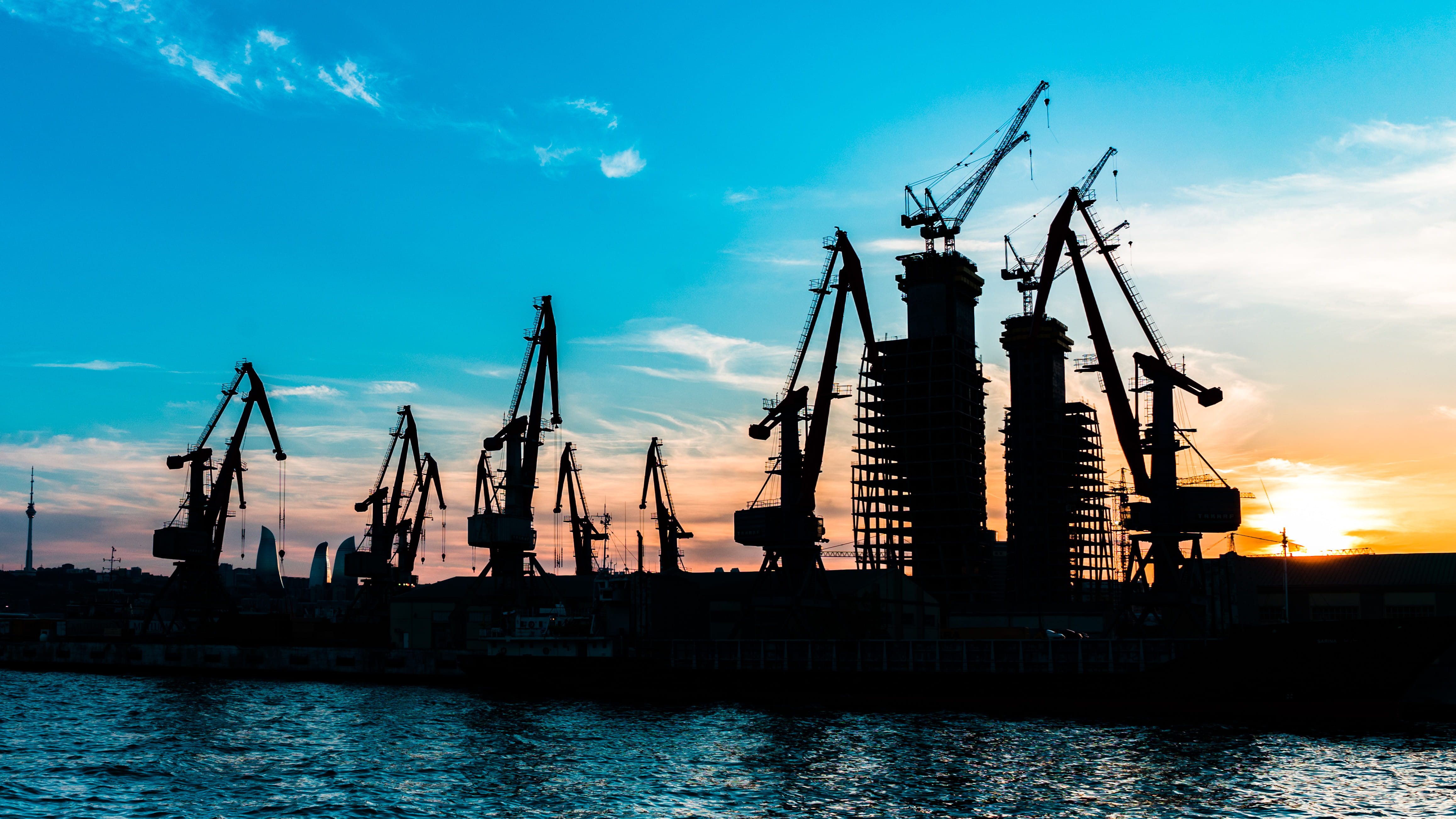 water, no people, cloud - sky, harbor, freight transportation, sky, waterfront, business, skyline, machinery, azerbaijan, 4K, sun, architecture, unfinished, HD Wallpaper