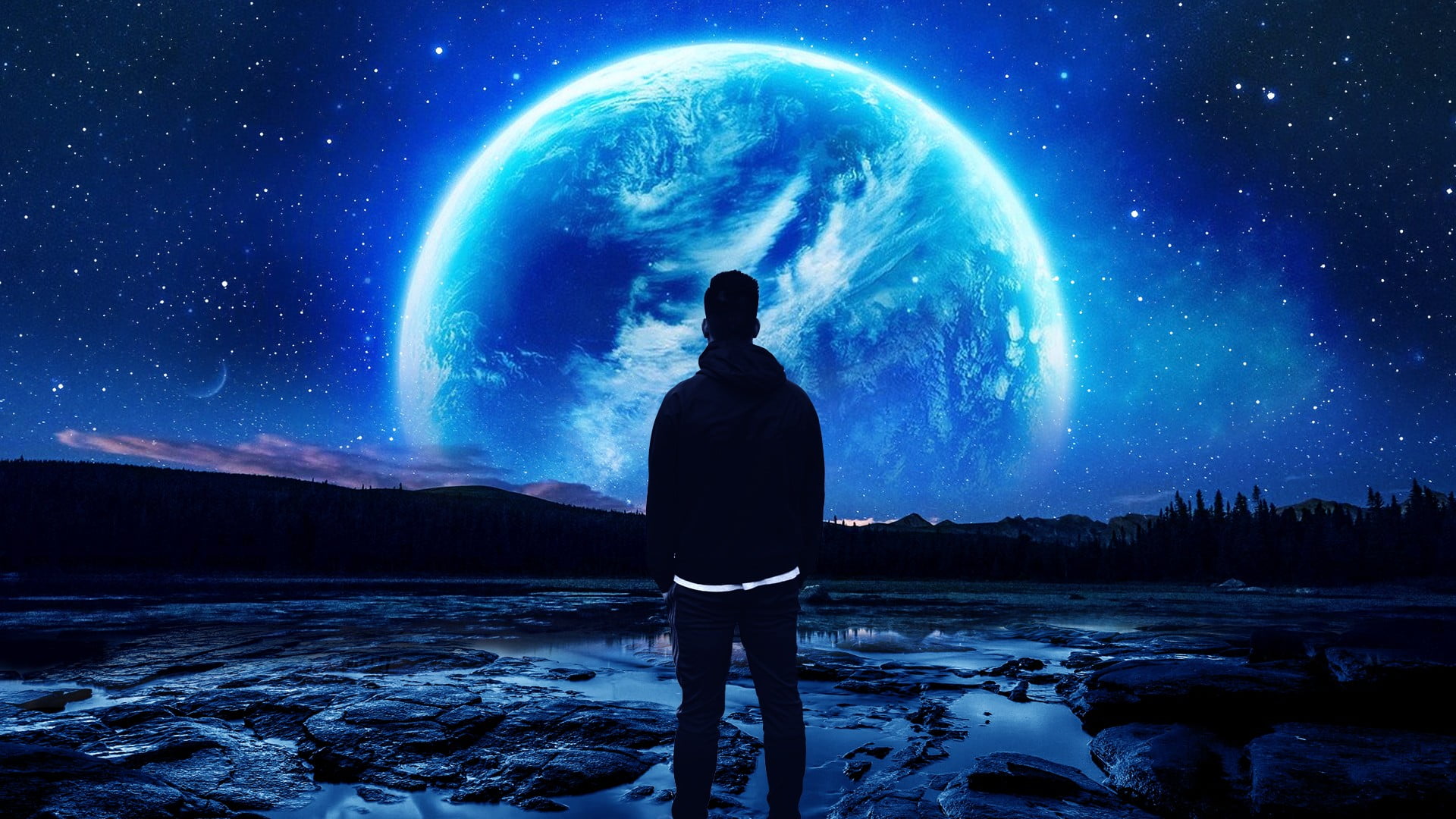 looking at view, looking, outdoors, field, nature, astronomy, rear view, night, real people, one person, water, facing, three quarter length, planet, scenics - nature, HD Wallpaper