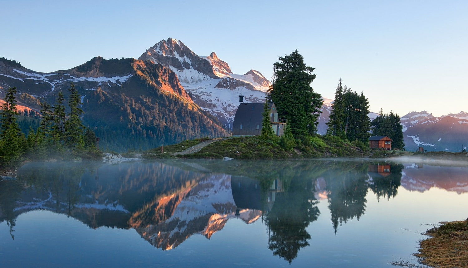 nature, house, architecture, outdoors, snowy peak, reflection, mist, travel destinations, building, sky, lake, landscape, beauty in nature, tree, water, HD Wallpaper