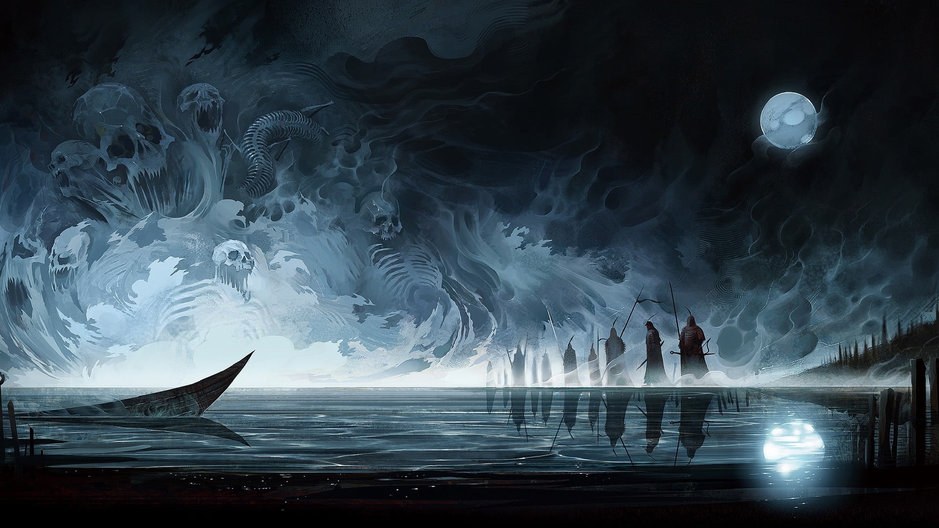 positive emotion, water, shore, beauty in nature, lake, dark, fantasy art, adult, artwork, near, creativity, people, architecture, sea, spooky, digital composite, HD Wallpaper