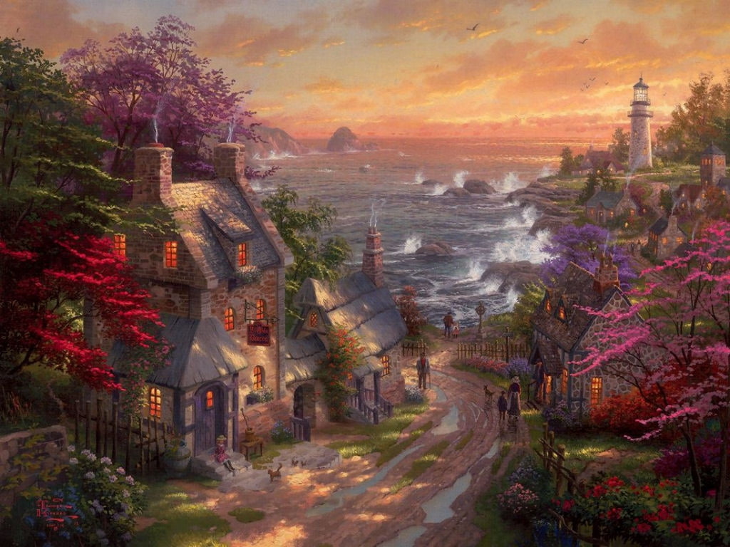 abstract, Dream, art, lighthouse, 480P, fantasy, house, coast, village, hd, Flowers, HD Wallpaper