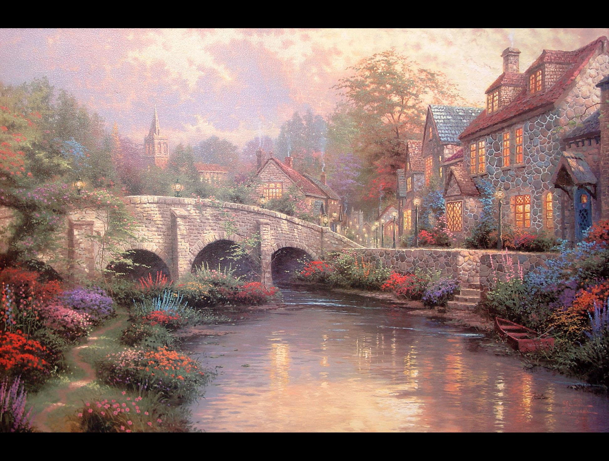 house, stones, river, cobblestone, village, body, animals, 1080P, bridge, painting, flowers, water, brook, HD Wallpaper