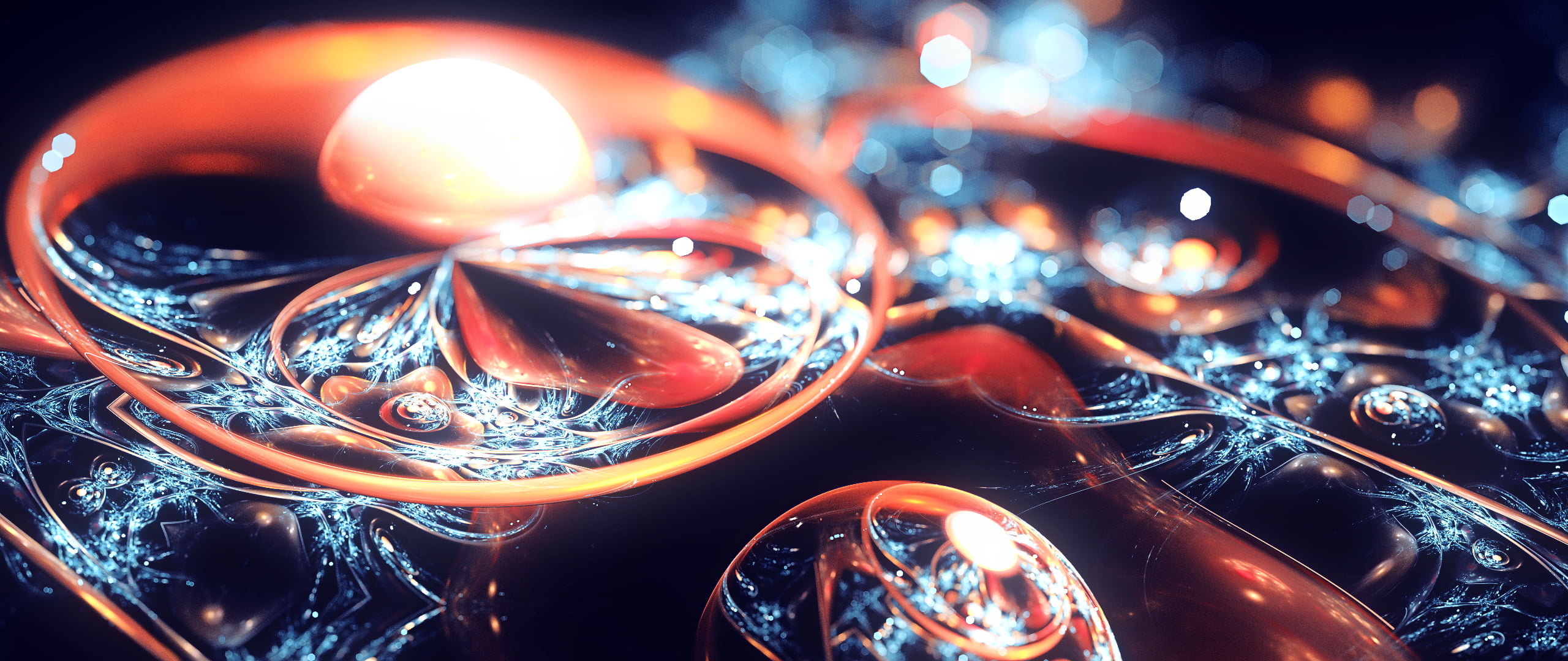 glass, focus on foreground, pattern, fractal, 2K, focus, blue, glass - material, full frame, multi Colored, drink, lights, illuminated, bokeh, HD Wallpaper