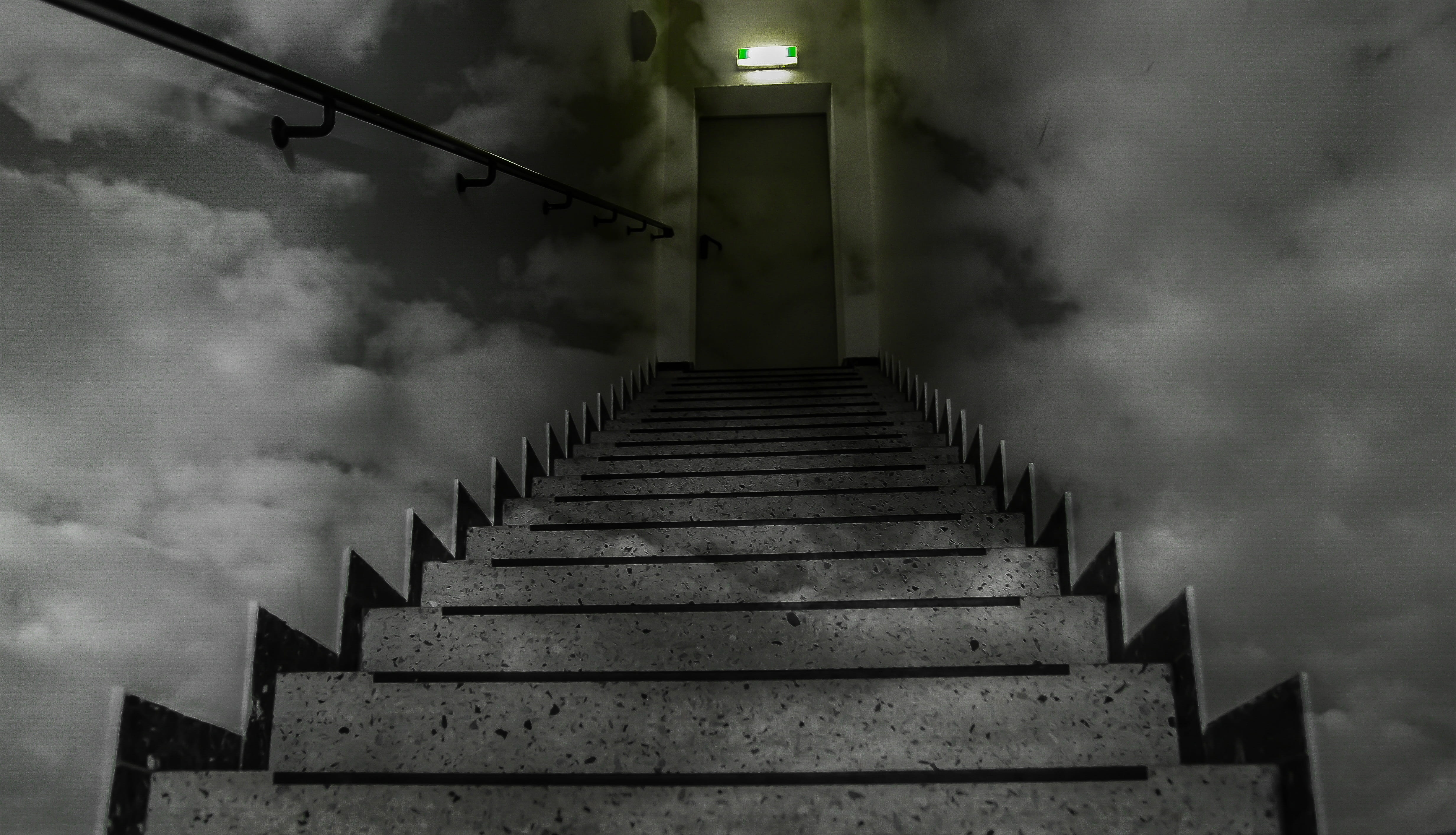 stair, sky, 4K, architecture, abstract, place of worship, nature, fog, gray, terrible, religion, cloud - sky, shadow, heaven stairs, fear, clouds, spirituality, HD Wallpaper
