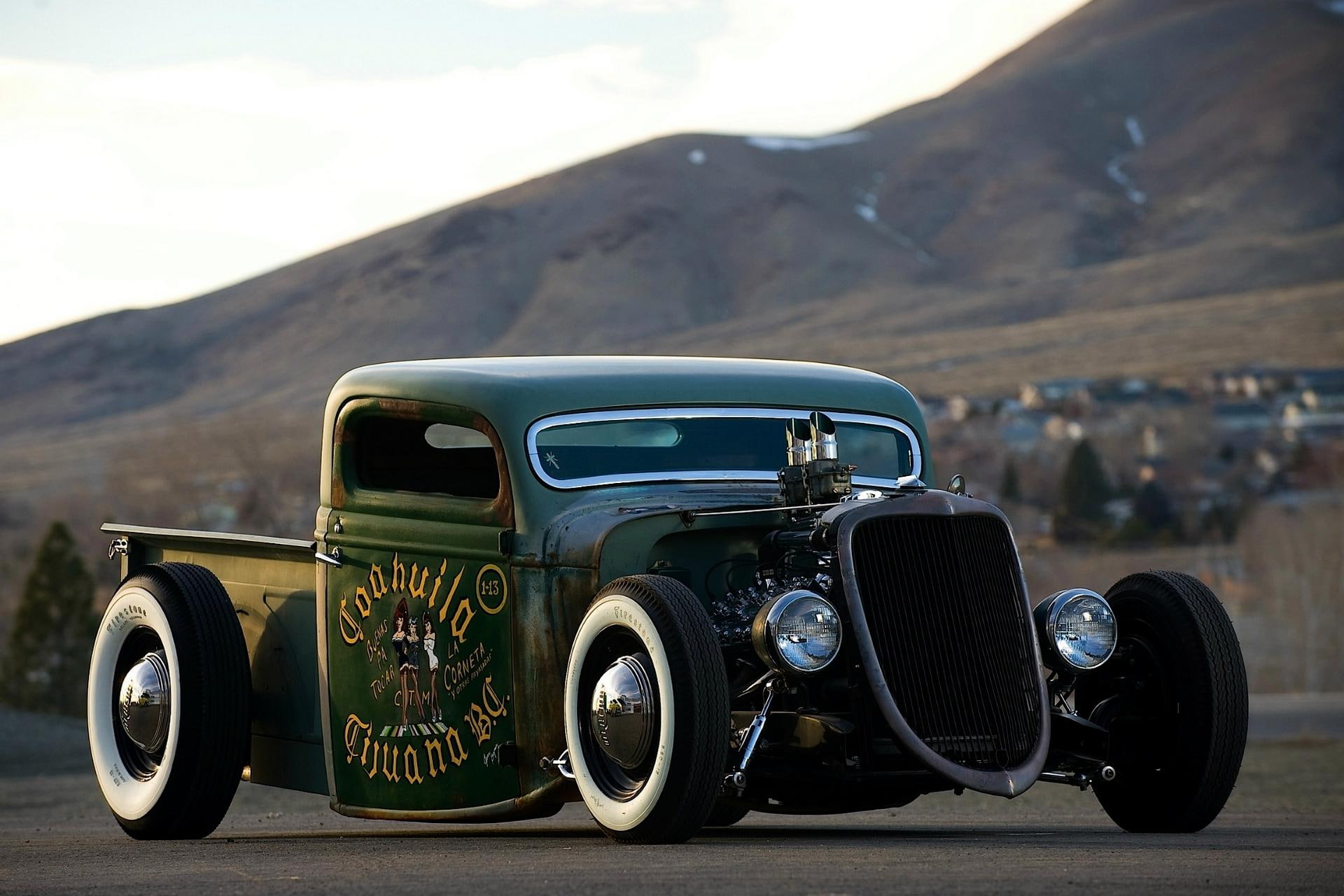 car, hotrod, 1080P, classic, ratrod, vintage, 1935, green, street, black, antique, pickup, ford, custom, HD Wallpaper