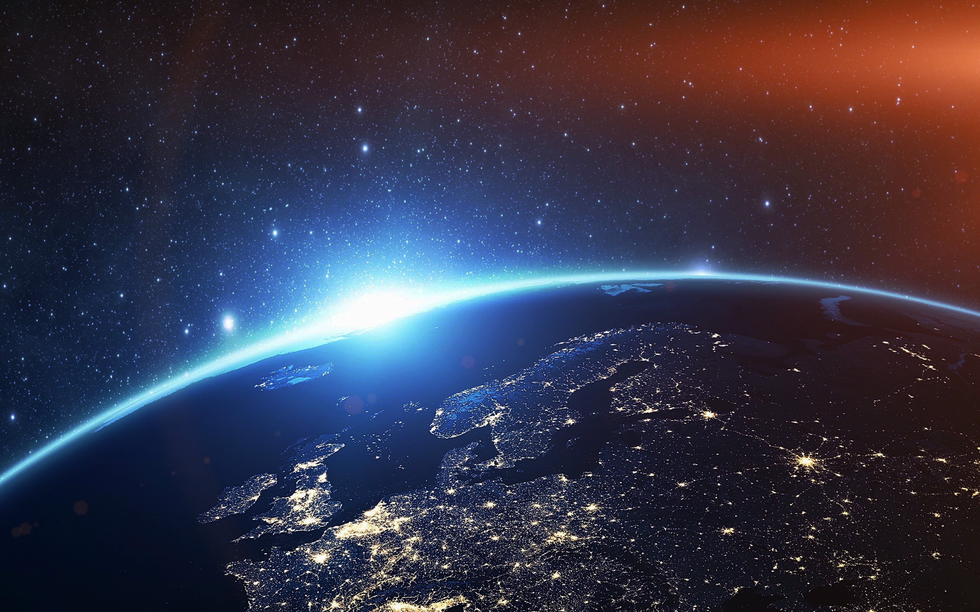 sky, blue, cloud - sky, earth, nature, illuminated, europe, planet earth, city, 4K, no people, globe - man made object, space, star - space, futuristic, HD Wallpaper