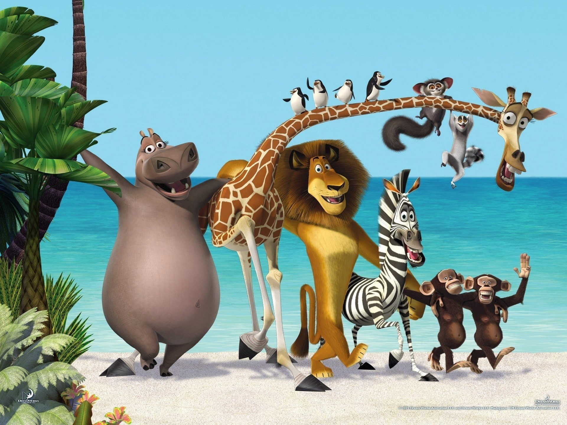 Beach, Hippo, Giraffe, 1080P, Sea, Madagascar 3: Europes Most Wanted, Lion, Penguin, Movie, Monkey, Tree, HD Wallpaper