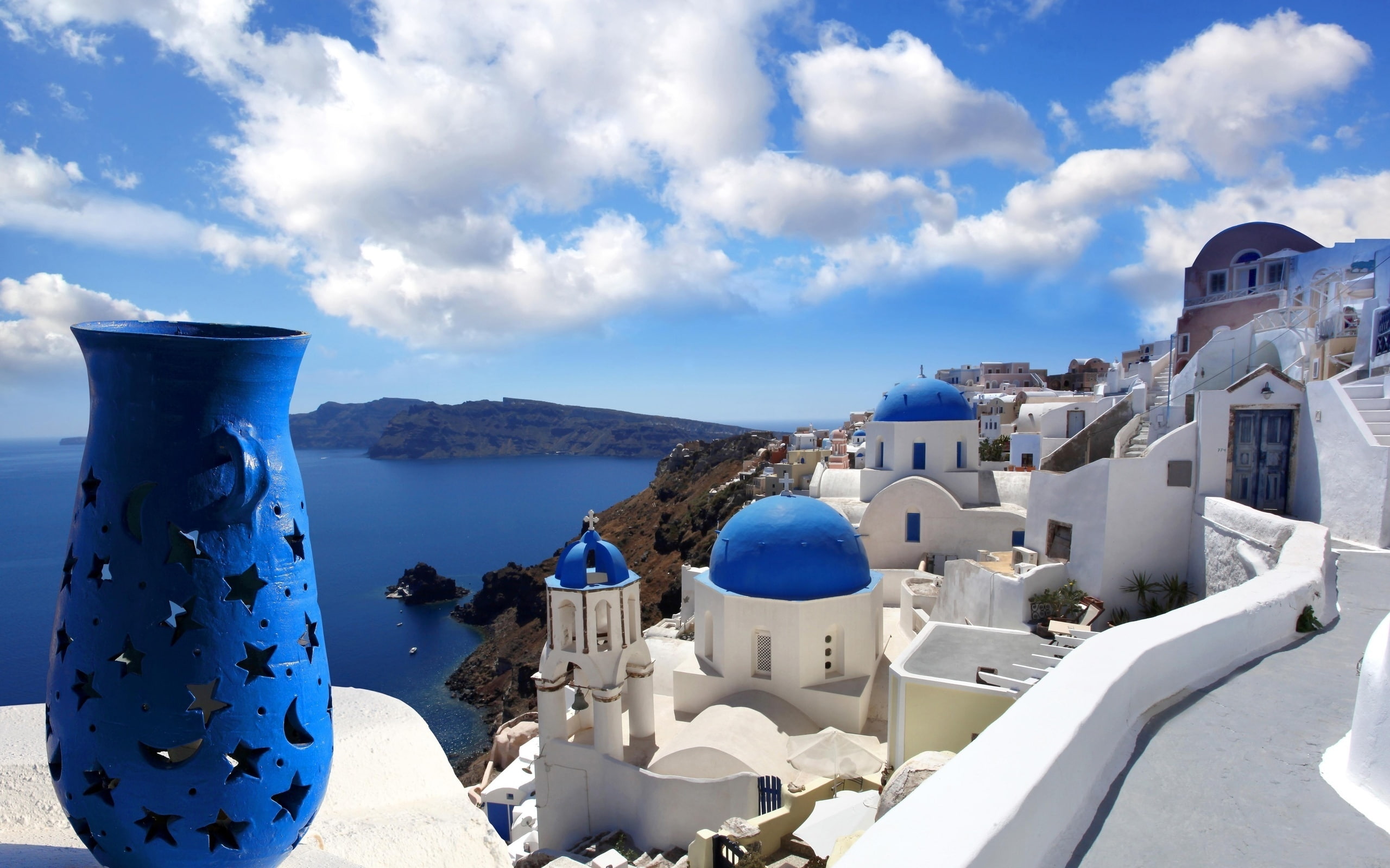 vacation, santorini, blue, buildings, greece, 2K, holiday, sea, HD Wallpaper