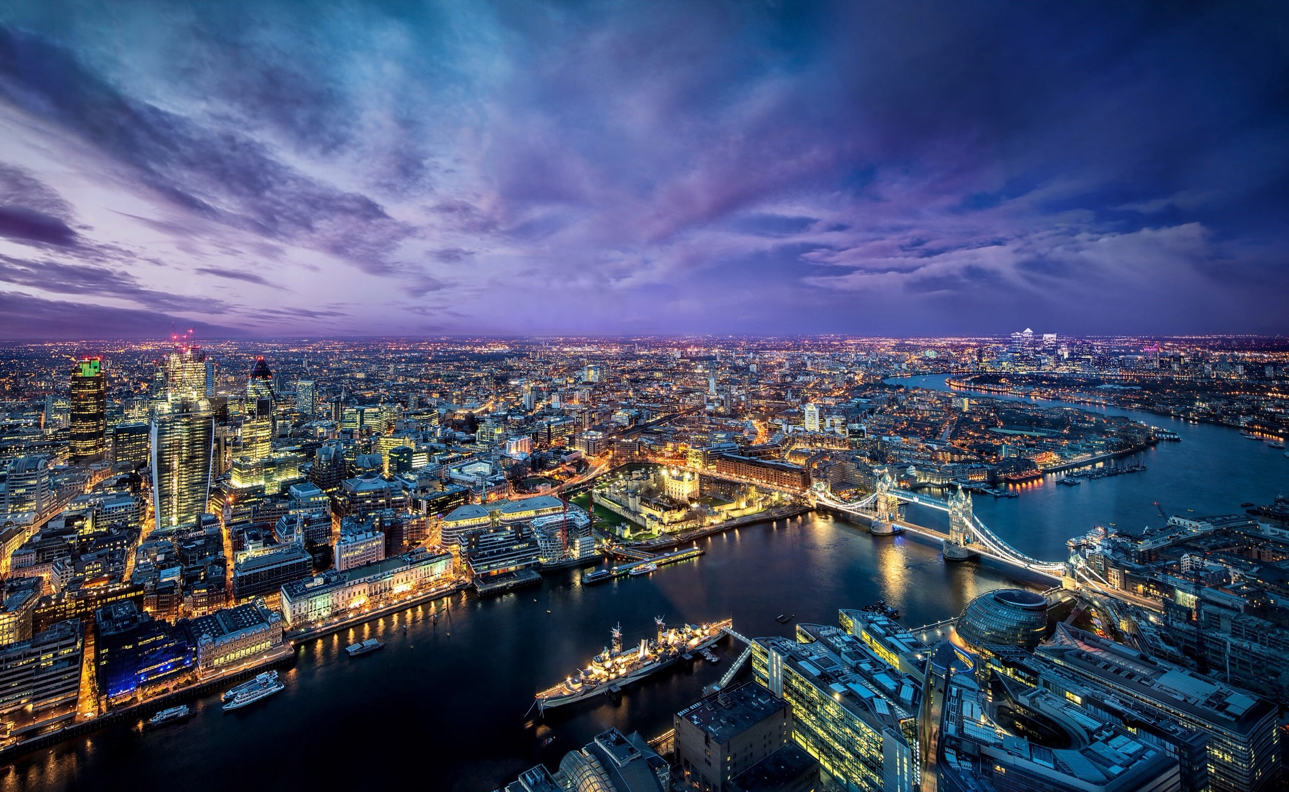 dusk, street, chain, bridge, urban skyline, cityscape, skyscraper, City, illuminated, night, outdoors, office building exterior, water, no people, london, HD Wallpaper