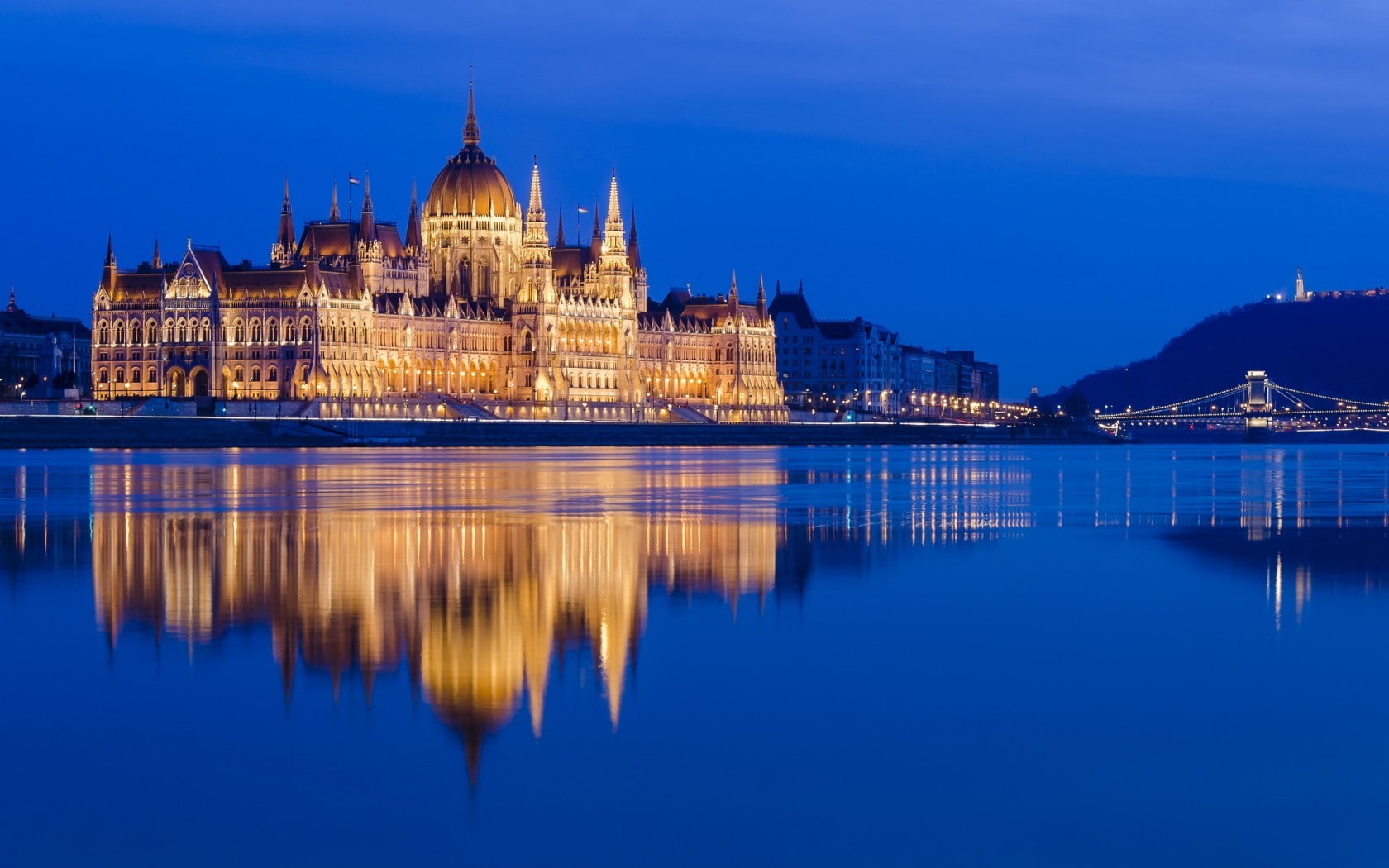 capital, lights, cityscape, city, water, evening, Gothic architecture, Budapest, hills, reflection, bridge, Hungarian Parliament Building, river, 720P, HD Wallpaper