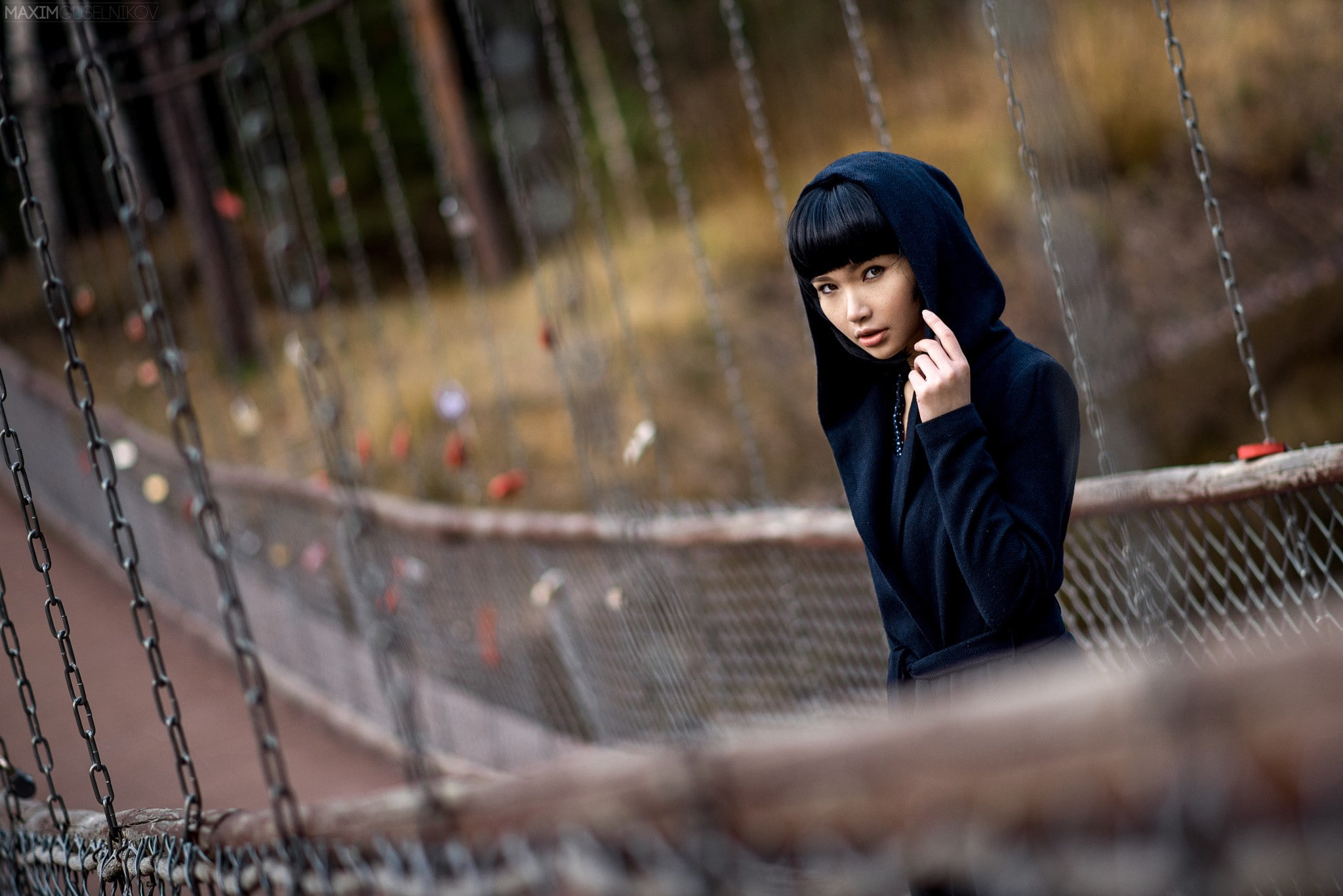 1080P, bridge, hoods, chains, Maxim Guselnikov, women, depth of field, bangs, brunette, Karina Kim, Asian, HD Wallpaper