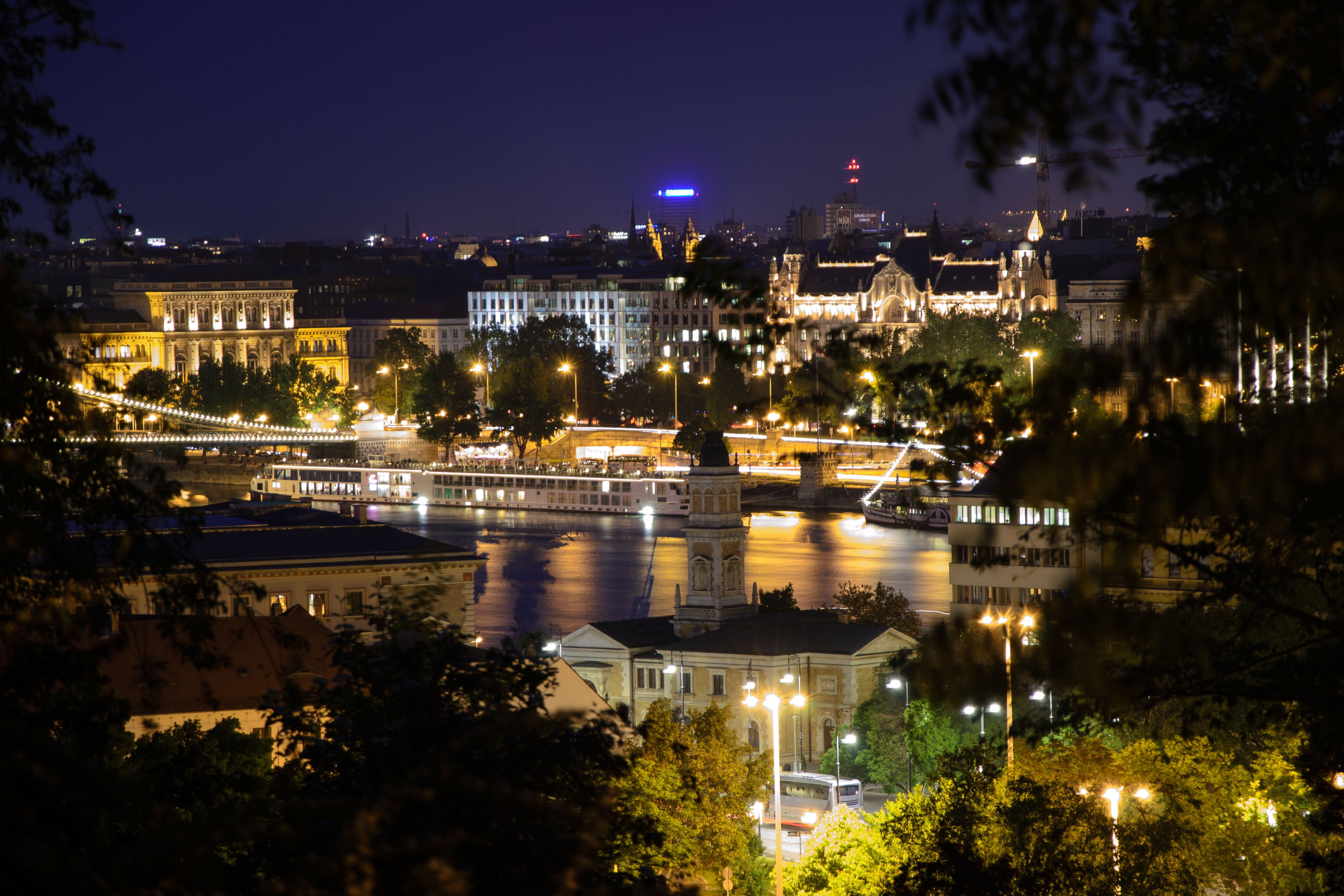 illuminated, residential district, 4K, building, high angle view, Danube, Budapest, tree, no people, architecture, plant, reflection, outdoors, cityscape, HD Wallpaper