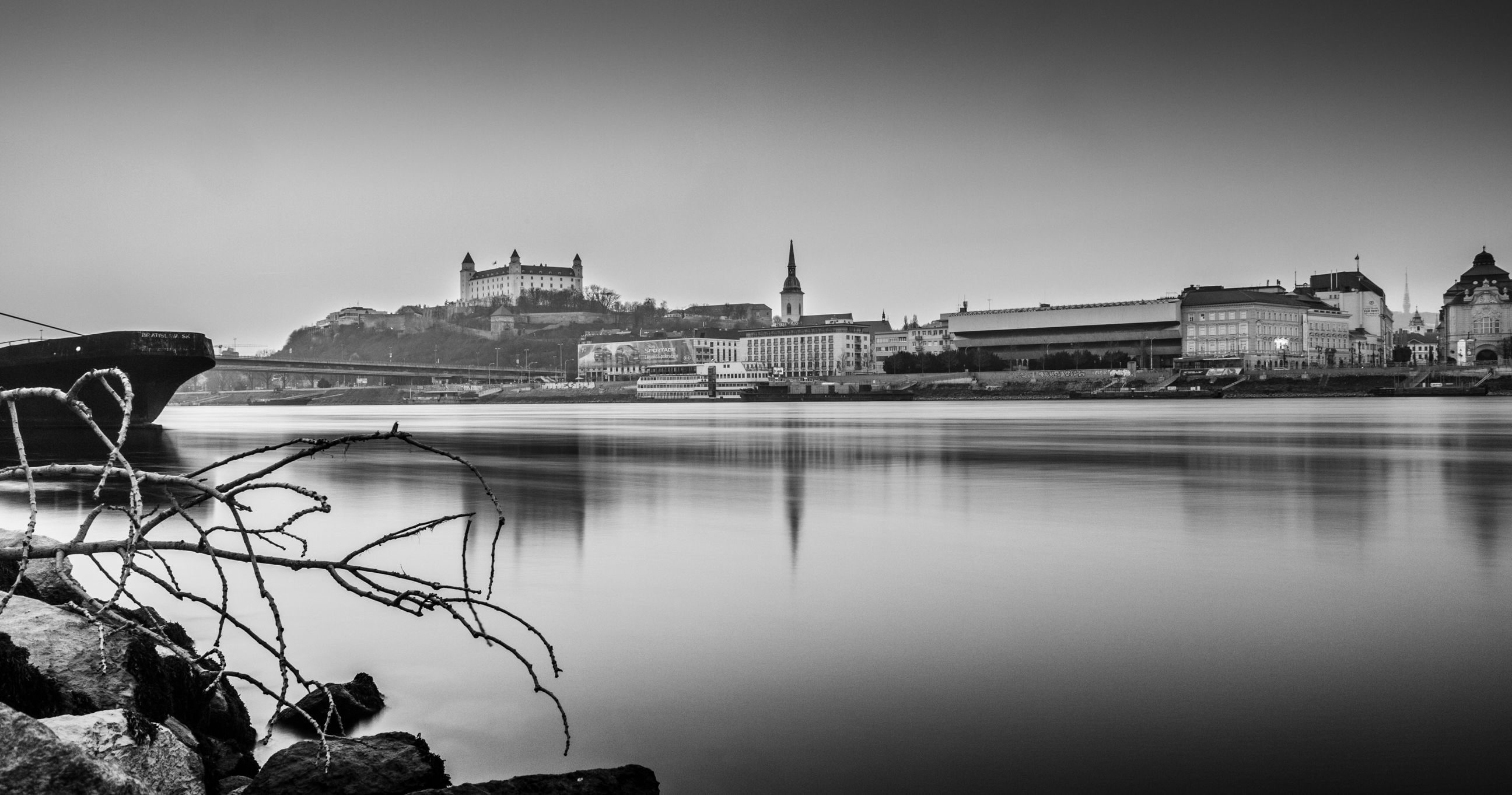 bridge, history, cityscape, building exterior, sky, clear sky, river, reflection, 2K, city, Slovakia, day, branch, water, built structure, photography, HD Wallpaper