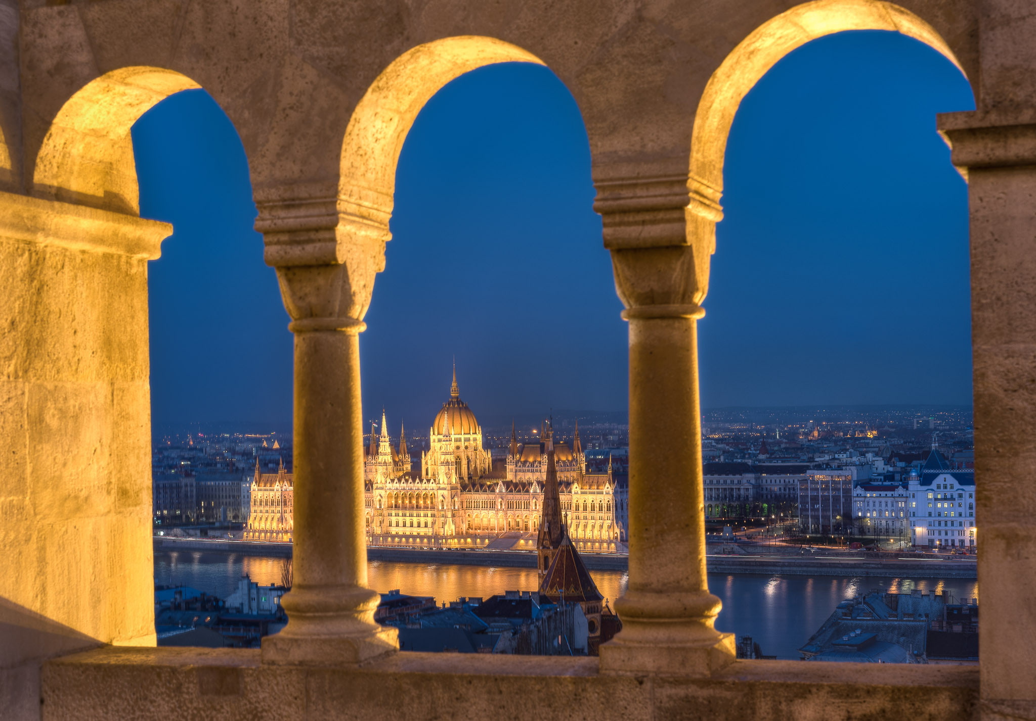 lights, Hungary, The Danube, Parliament, columns, 1080P, river, Budapest, night, HD Wallpaper