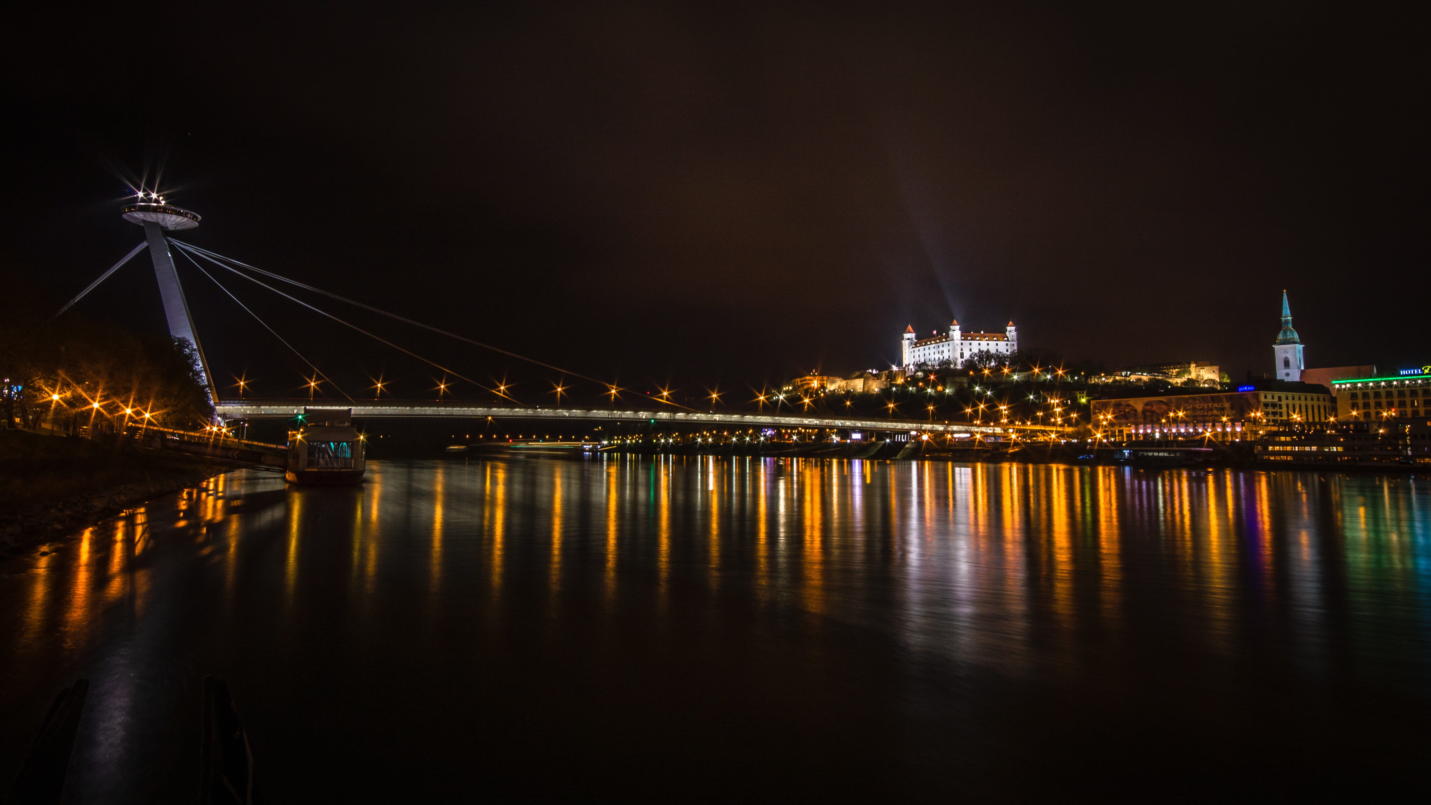 skyscraper, castle, building exterior, city, lights, connection, built structure, modern, body of water, bratislava, slovakia, outdoors, nightlife, view, HD Wallpaper