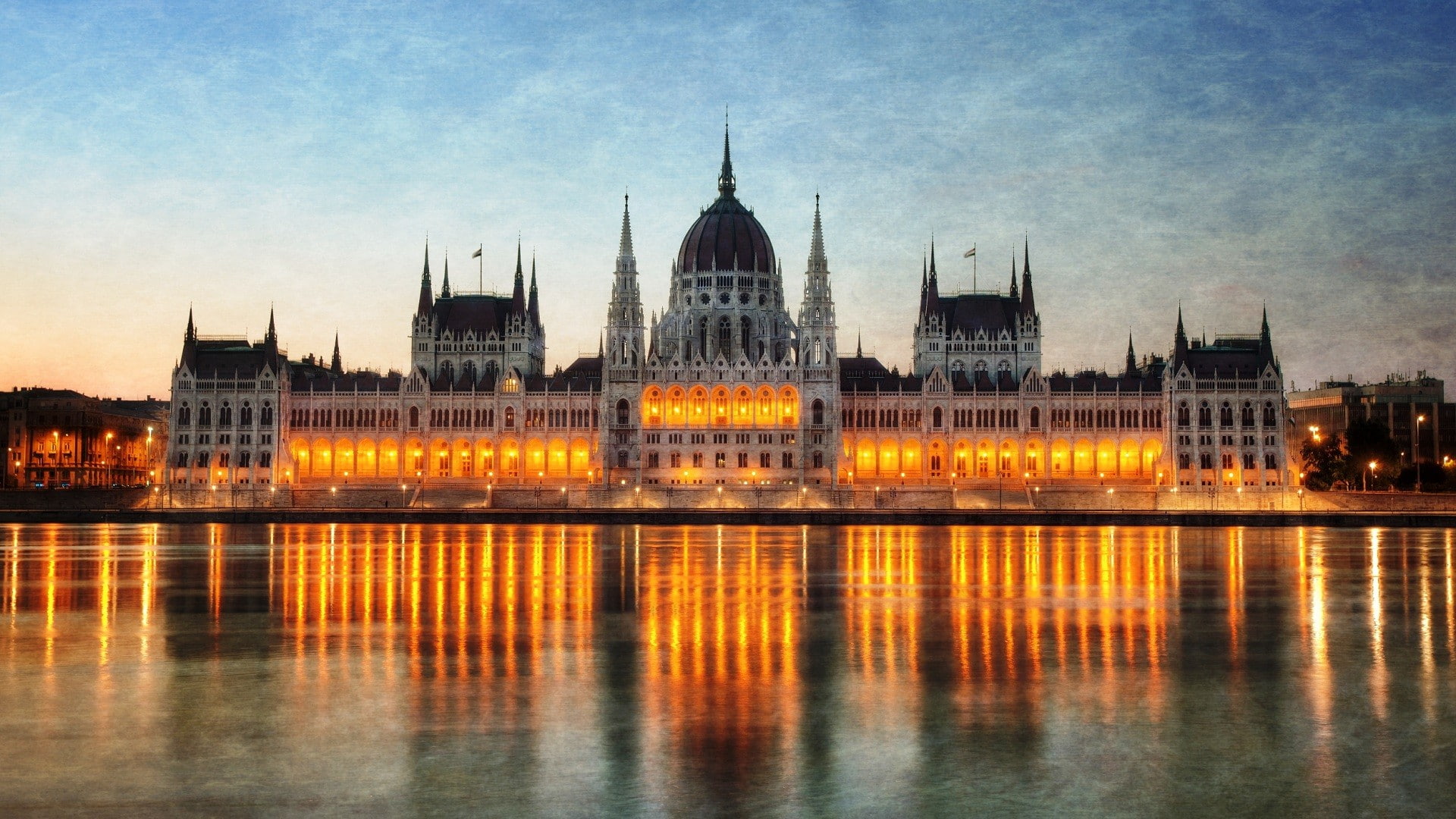 city, sky, travel, building exterior, reflection, 1080P, water, government, no people, spire, river, Budapest, tourism, dusk, built structure, waterfront, HD Wallpaper