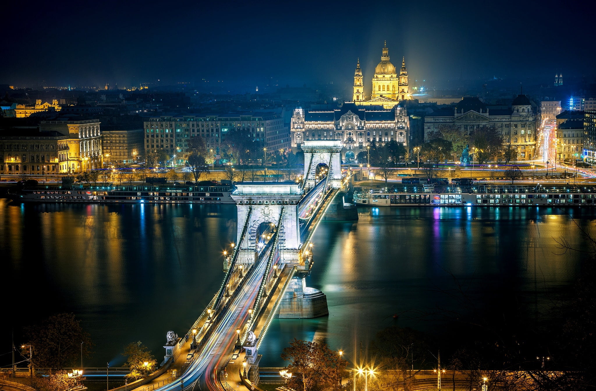twilight, home, city Life, sky, cathedral, light trail, long Exposure, hungarian Culture, chain Bridge, built Structure, road, cityscape, dusk, river, buda, HD Wallpaper
