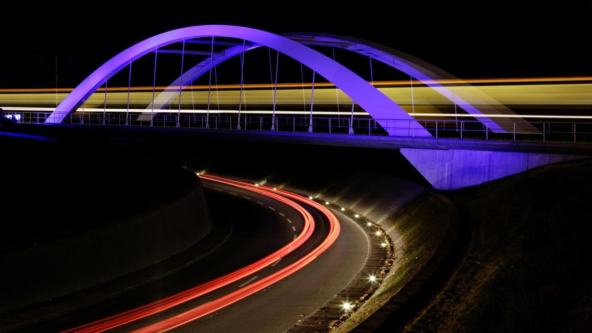 lights, night, 1080P, long exposure, light trails, architecture, dark, road, traffic, bridge, HD Wallpaper