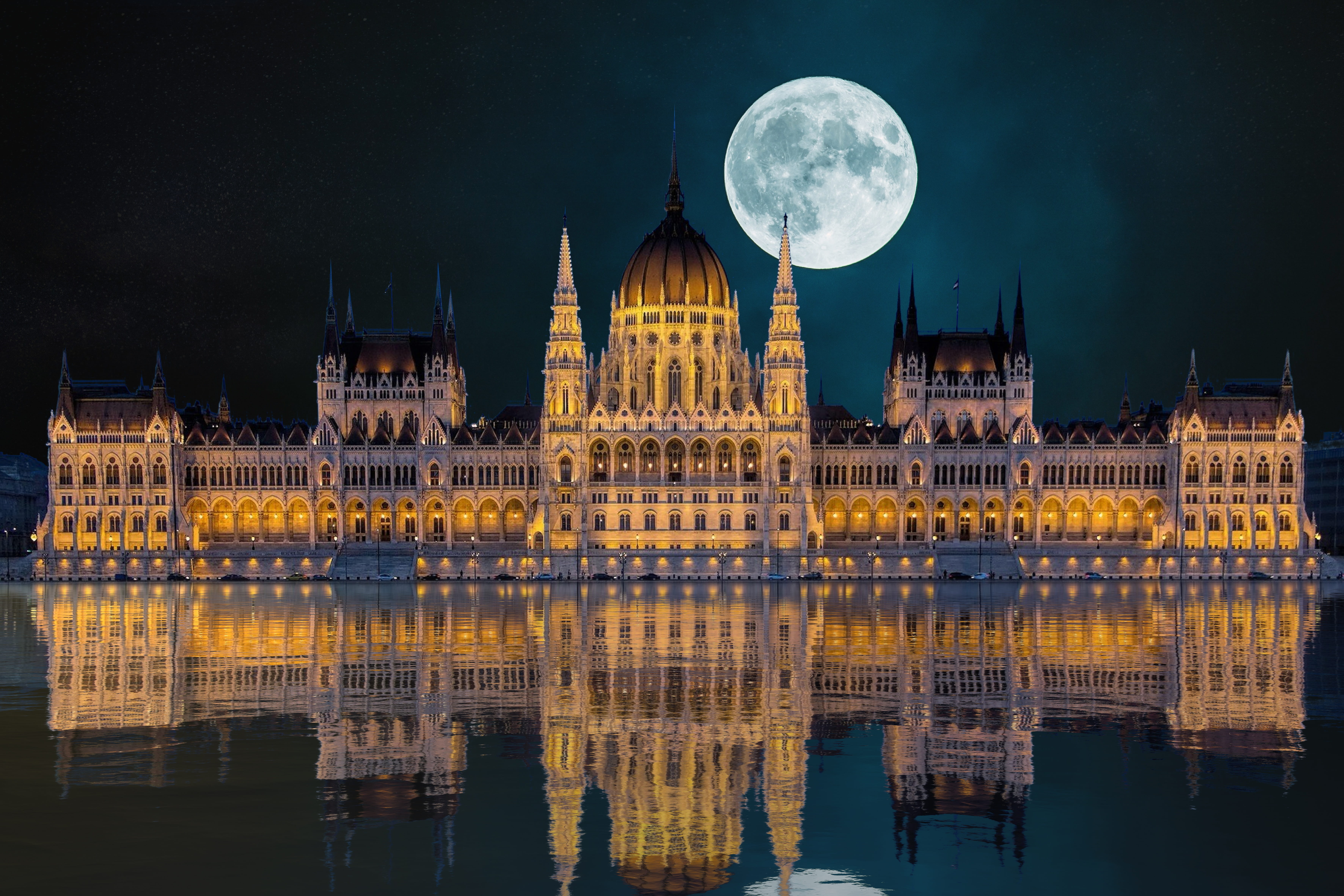 lights, planetary moon, architecture, built structure, full moon, waterfront, building exterior, night, city, river, digital composite, no people, HD Wallpaper