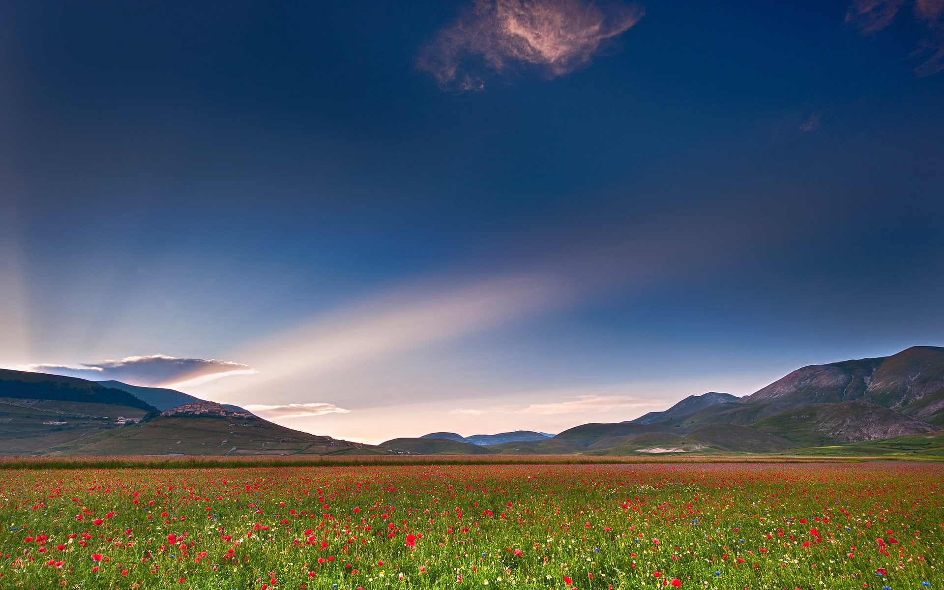 1080P, Mountains, Poppies, Italy, Sky, Field, Umbria, Clouds, HD Wallpaper