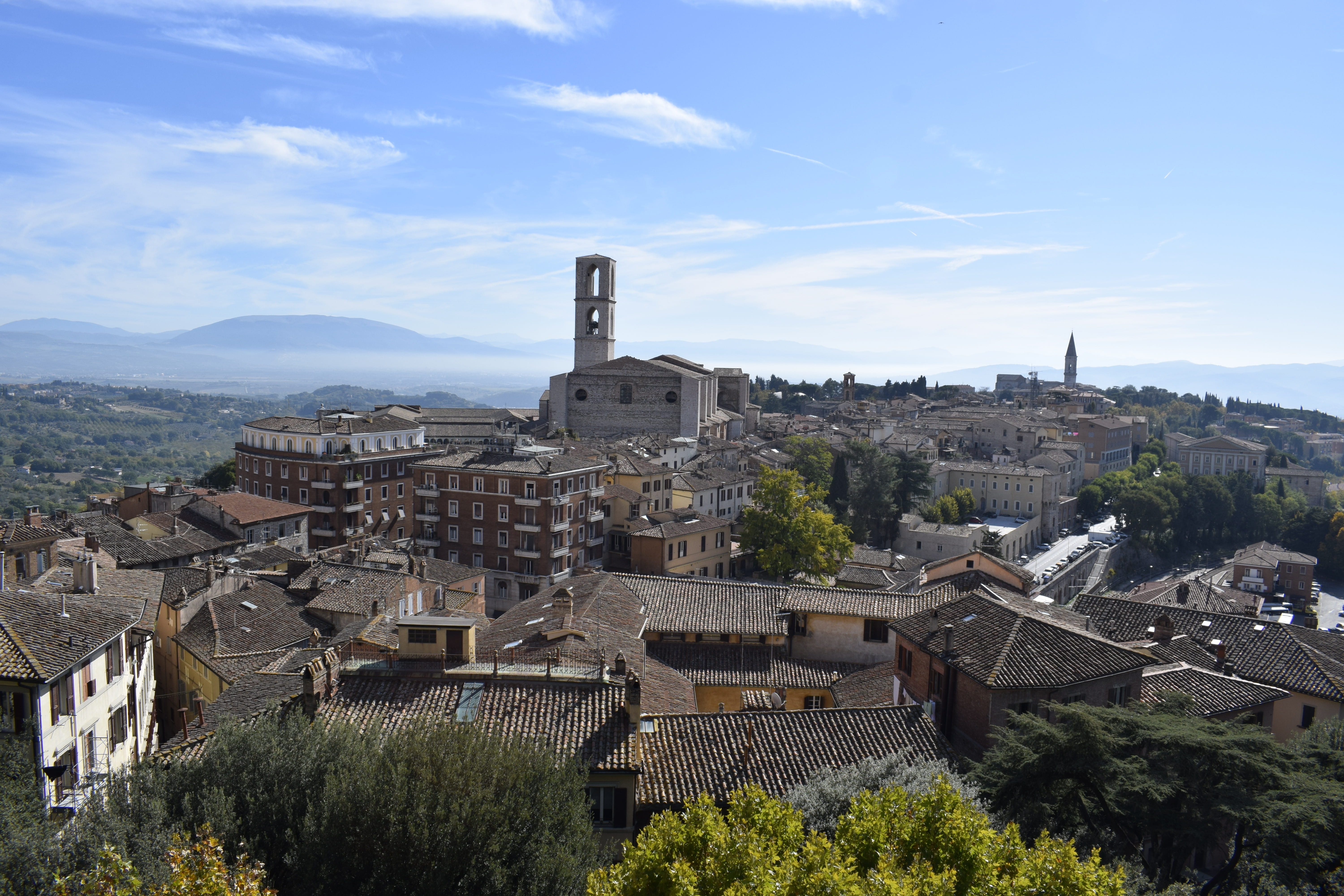 building exterior, cloud - sky, the past, city, umbria, day, perugia, 5K, outdoors, architecture, plant, mountain, romanesque architecture, town, cityscape, HD Wallpaper