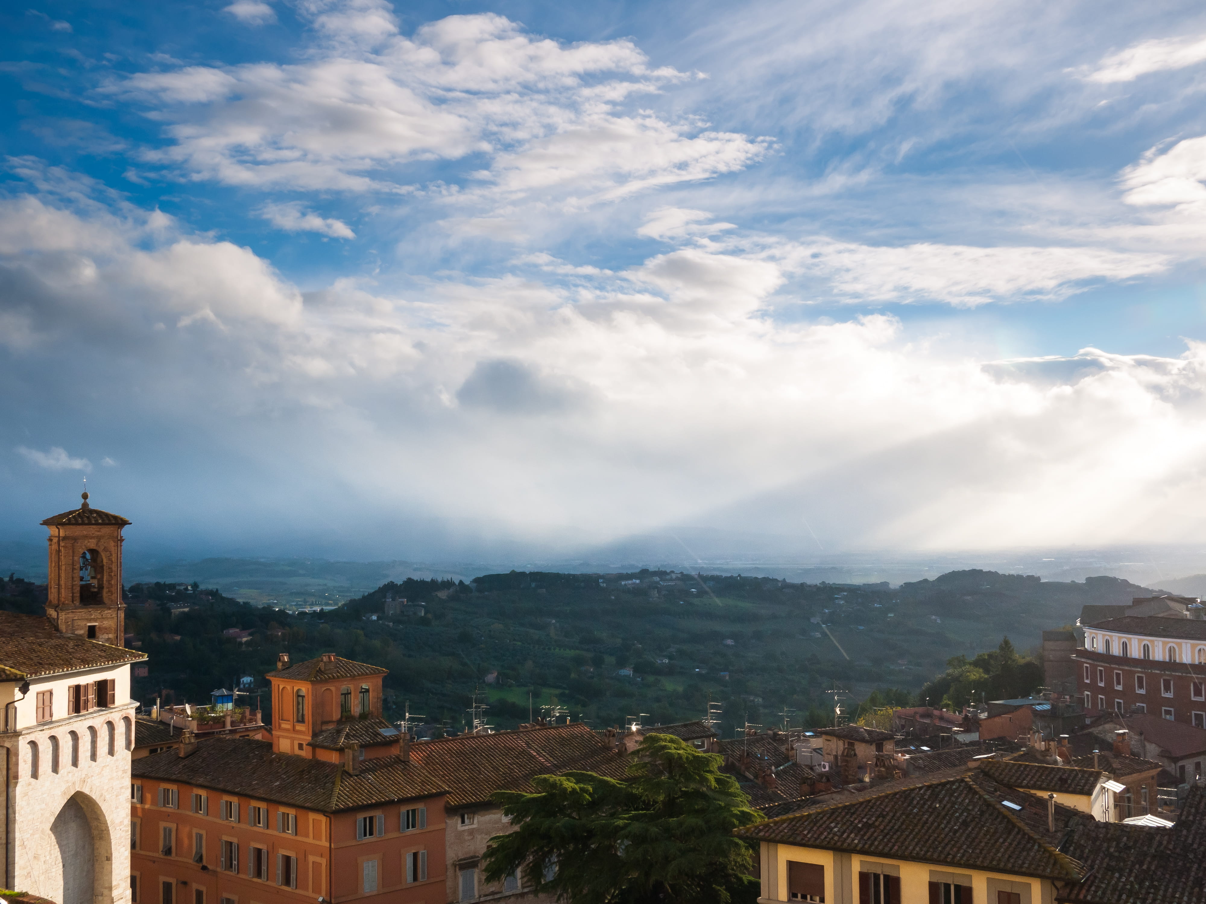 tower, nature, townscape, city, architecture, mountain, sunrays, day, travel, scenics - nature, landscape, beauty in nature, clouds, cloud - sky, sky, town, HD Wallpaper