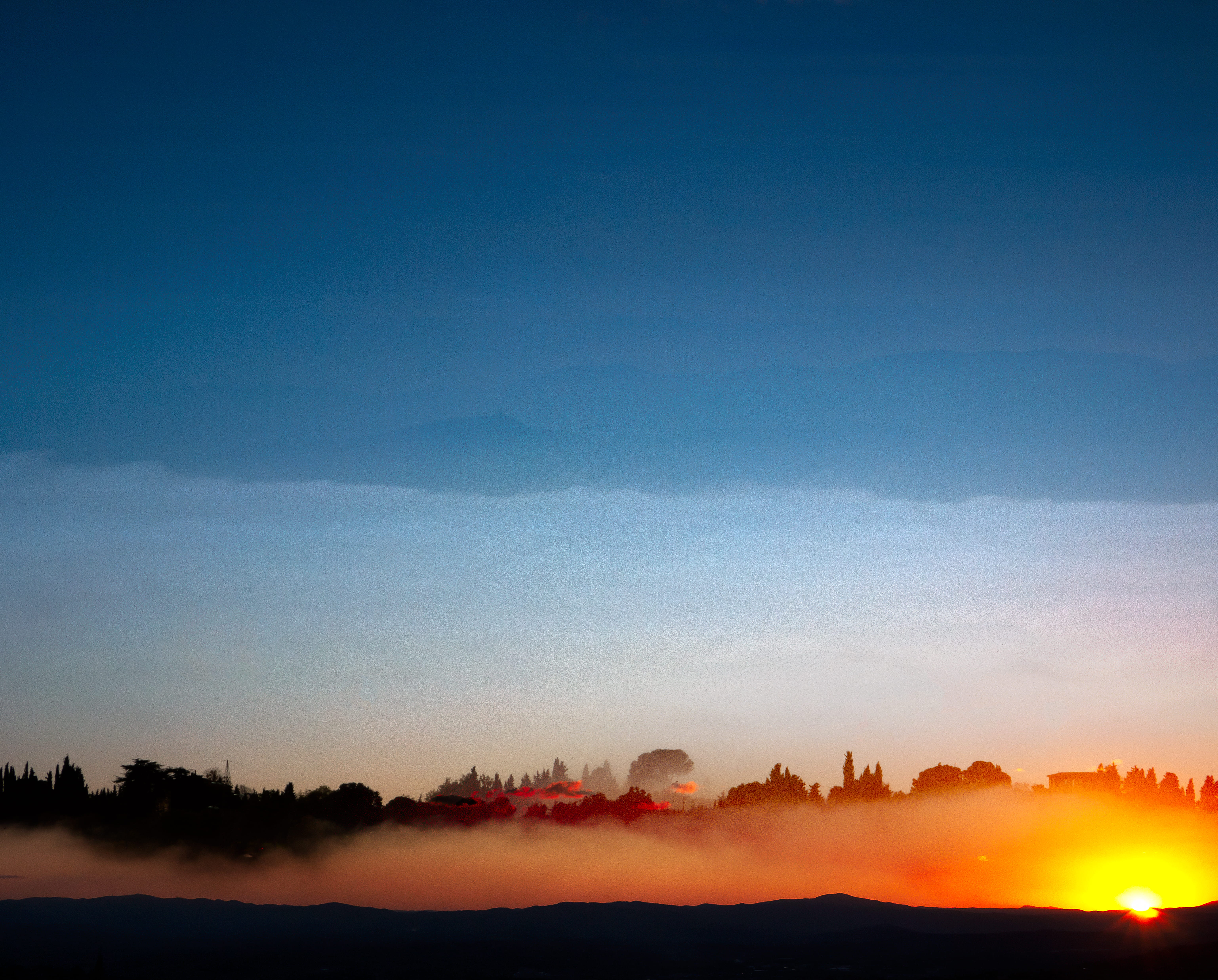 environment, hazy, fog, nature, blue, non-urban scene, beauty in nature, trees, plant, 5K, sunrise, hills, clouds, multiple exposure, orange color, europe, HD Wallpaper
