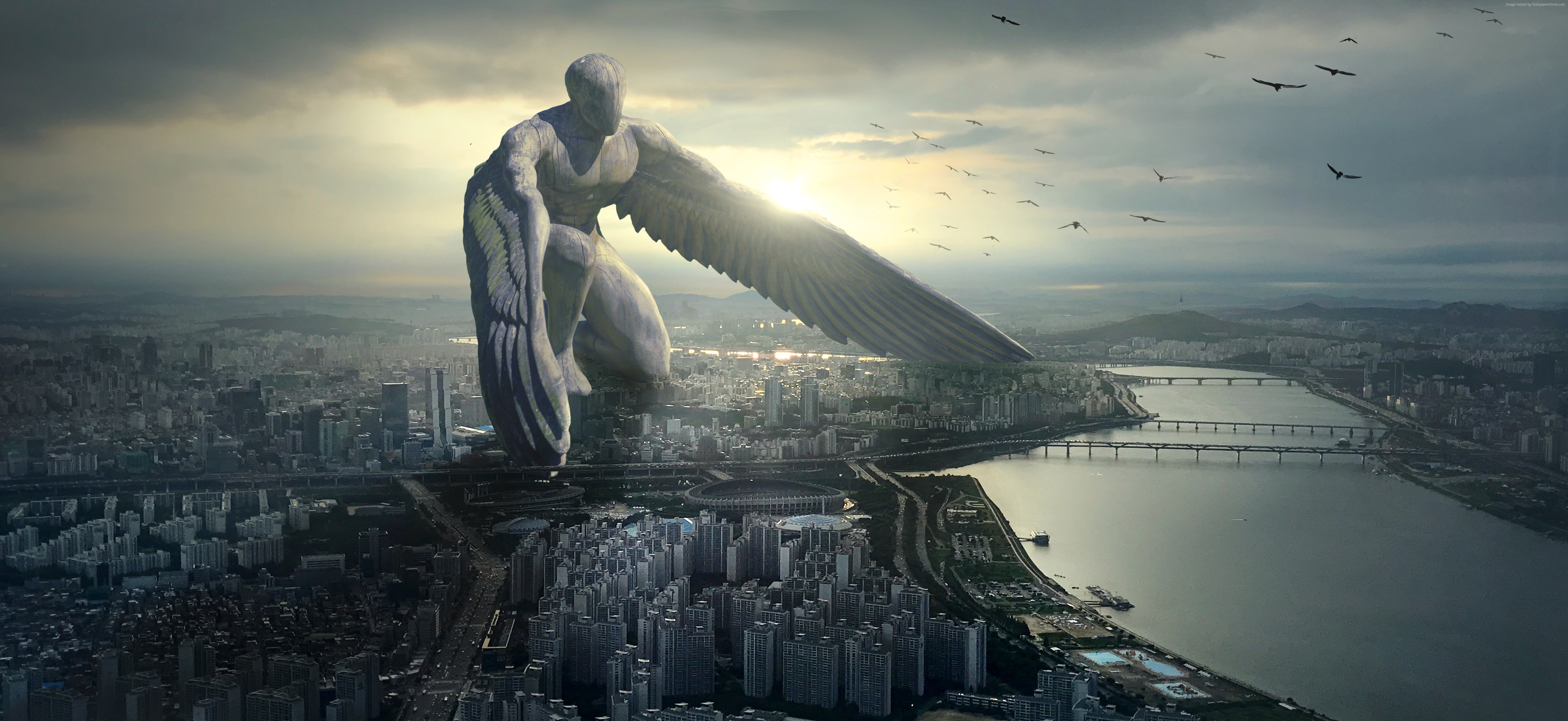 city, 5K, Giant Angel, 6K, HD Wallpaper
