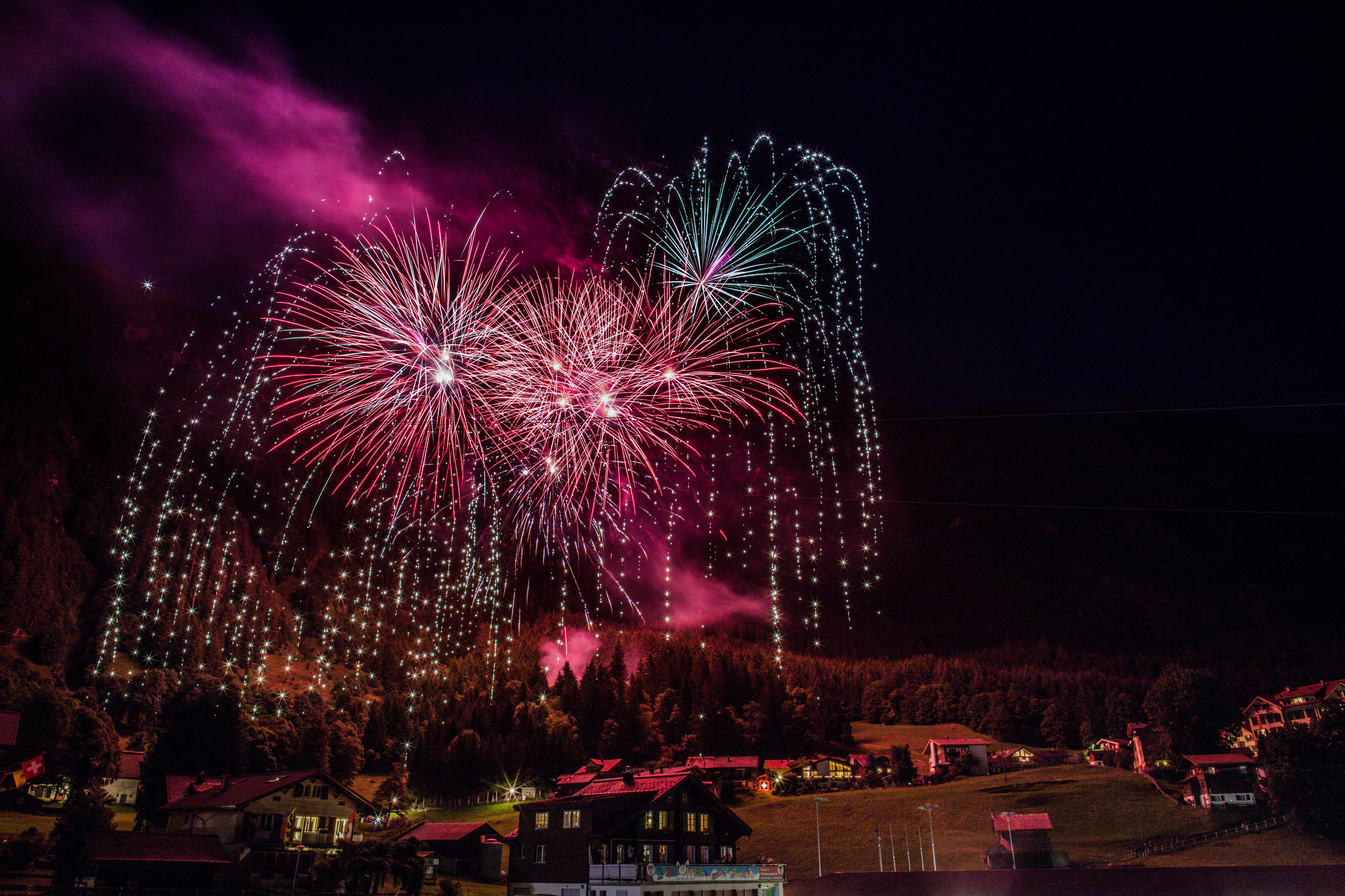 night, building exterior, switzerland, motion, new years eve, firework display, light, architecture, arts culture and entertainment, nature, pink color, HD Wallpaper