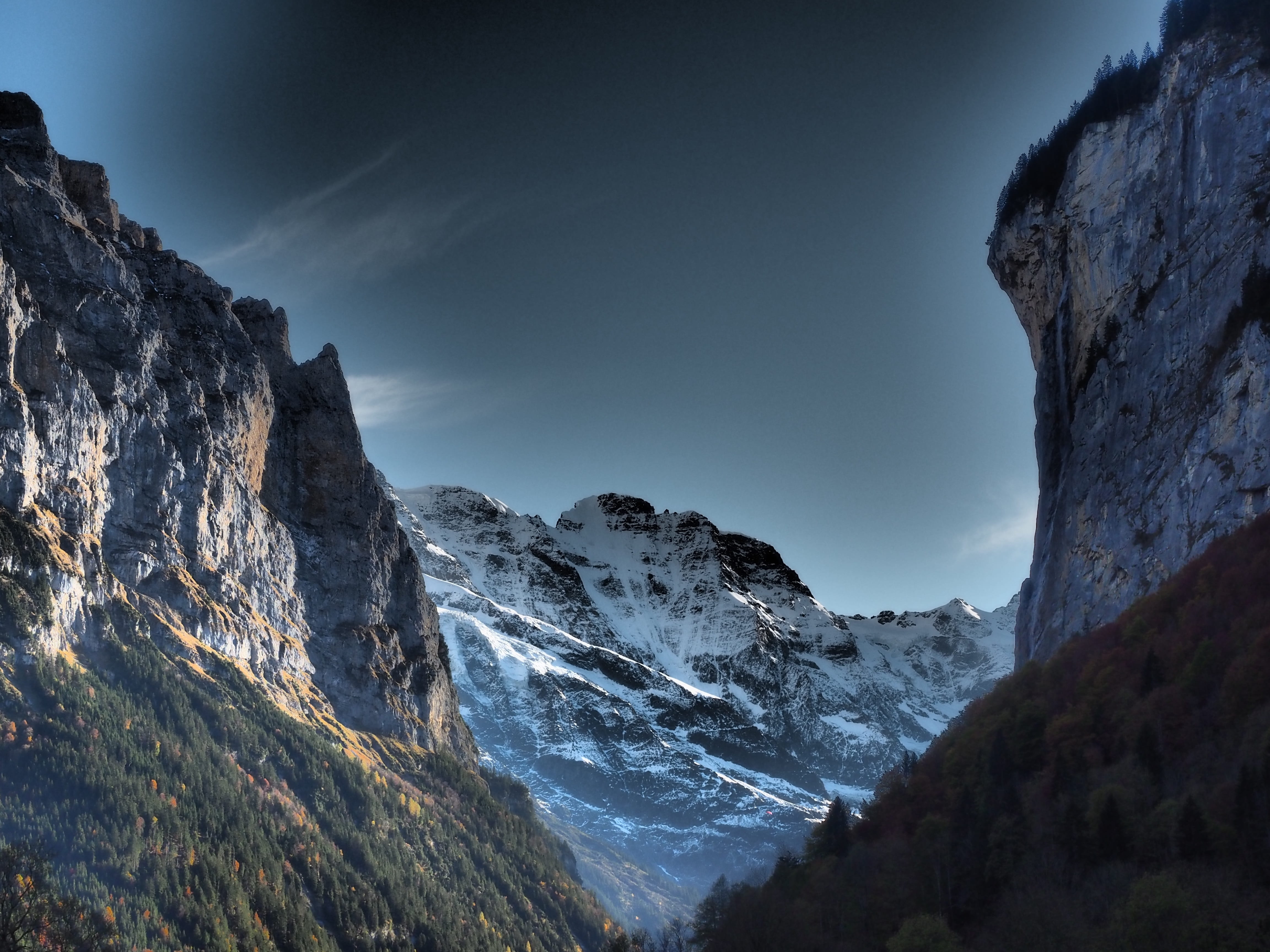 cloud - sky, winter, covered, outdoors, eng, non-urban scene, environment, aerial, lauterbrunnen, mountain, snow, sky, beauty in nature, steep wall, mountains, HD Wallpaper
