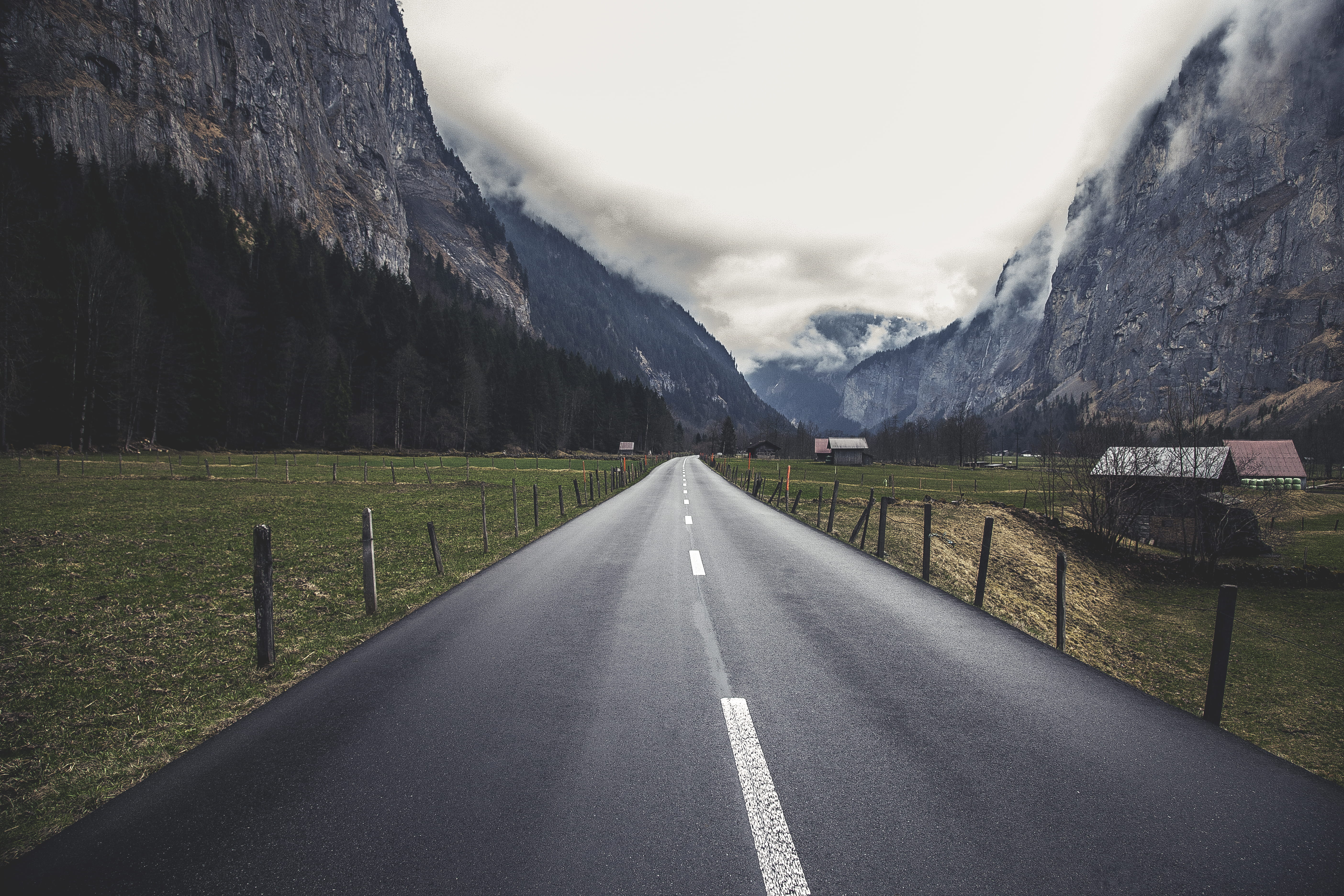 vanishing point, farm, outdoors, symbol, no people, lauterbrunnen, fog, day, 5K, escape, mountain, road, cloud, nature, diminishing perspective, tranquility, HD Wallpaper