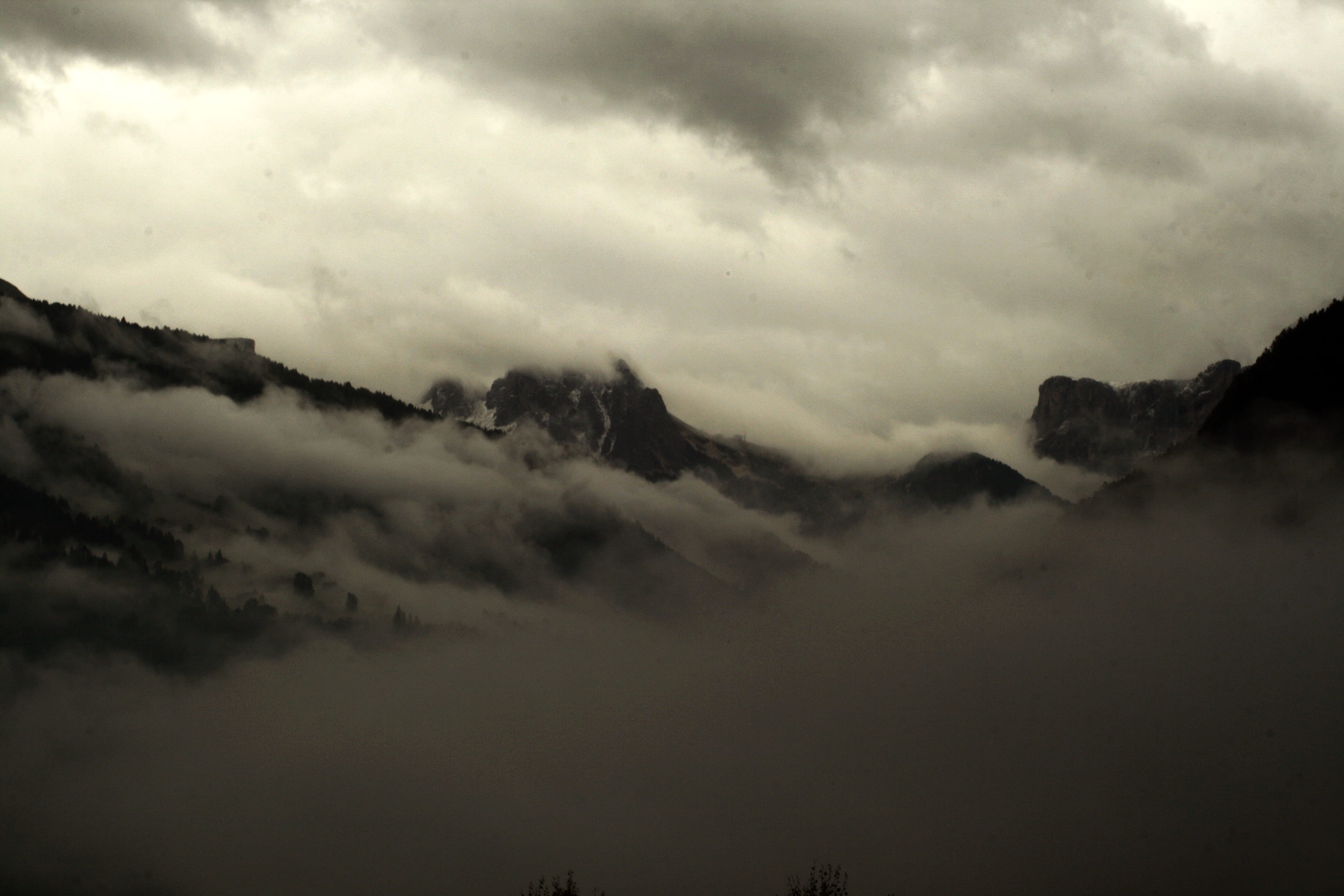 storm, no people, cloud - sky, idyllic, landscape, tranquil scene, environment, fog, dolomites, silhouette, italy, beauty in nature, ortisei, mountain, HD Wallpaper