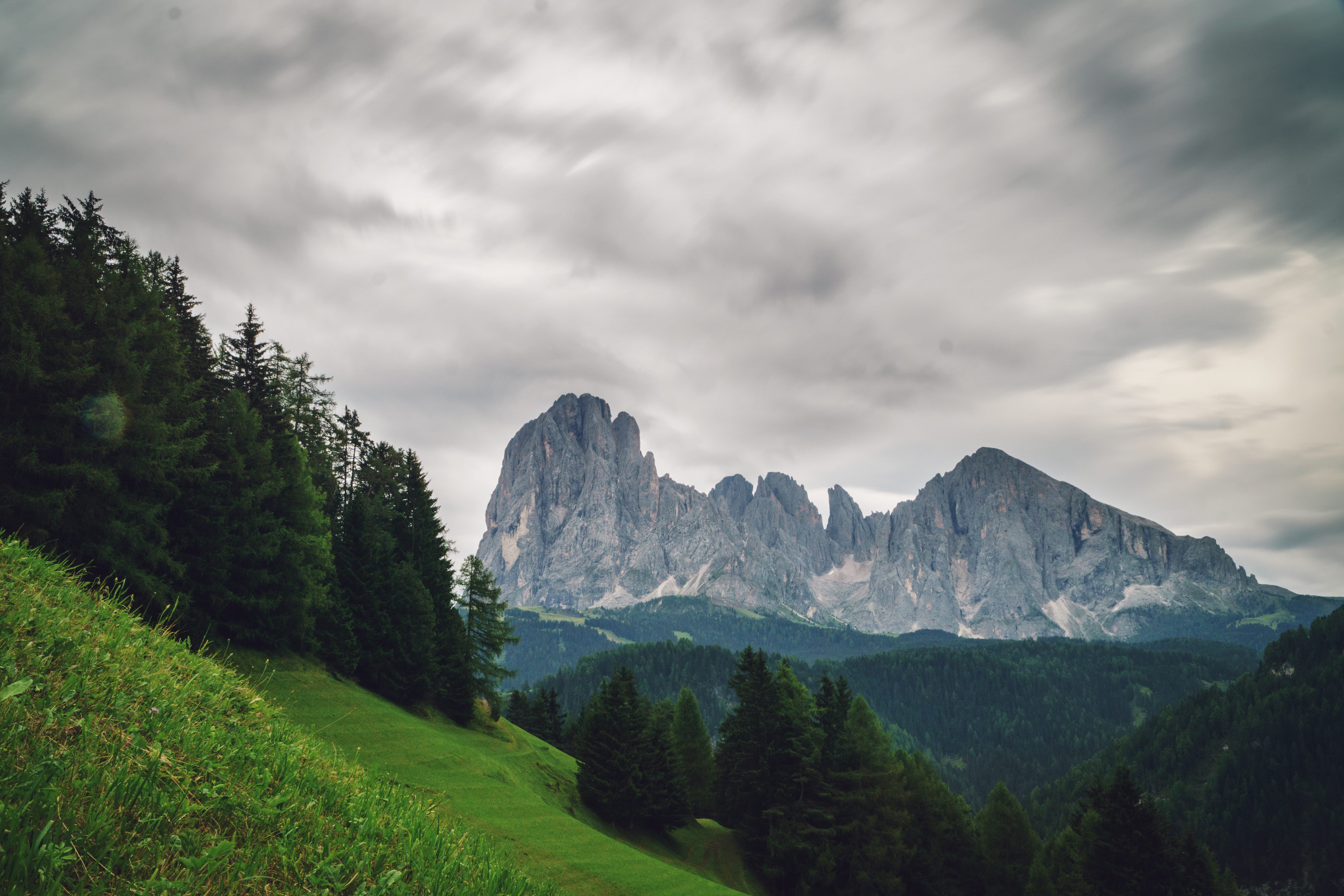 trees, green, environment, cloudy, tree, rock, dolomiten südtirol, dolomites, land, long exposure, beauty in nature, idyllic, mountain range, landscape, HD Wallpaper