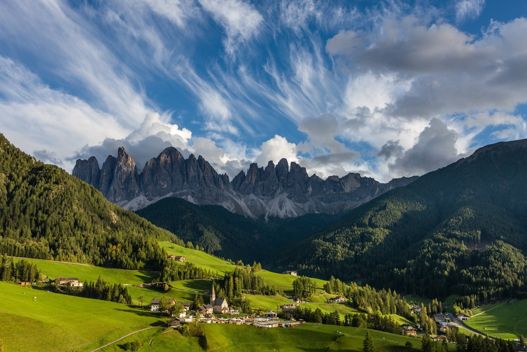Italy, nature, sunlight, grass, morning, forest, Dolomites (mountains), 720P, clouds, landscape, Alps, summer, mountains, village, church, HD Wallpaper