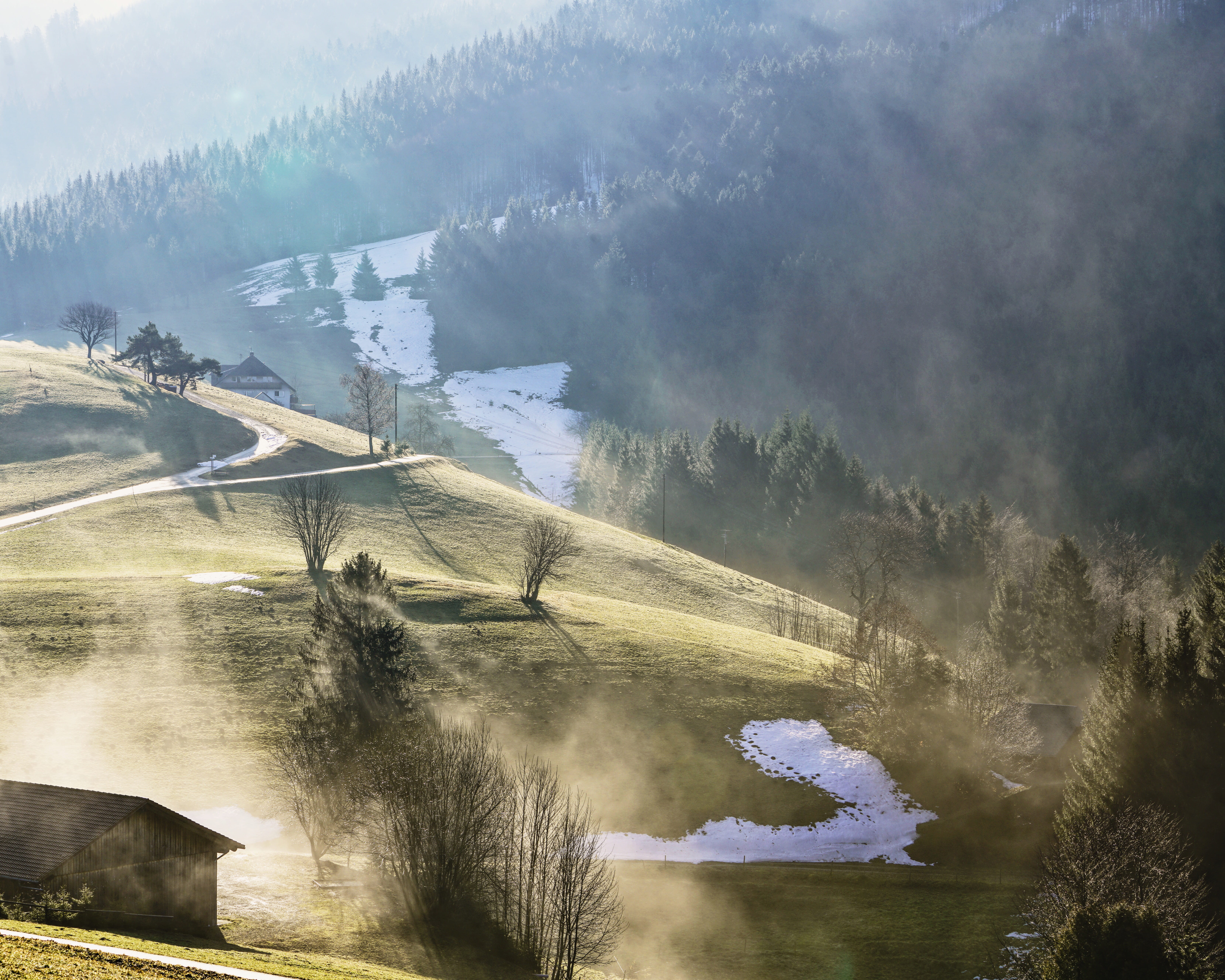 water, surrounded, outdoors, mountain, countryside, housing, scenery, fir, abies, landscape, plant, fog, nature, photography, tranquility, lake, scenics - nature, HD Wallpaper